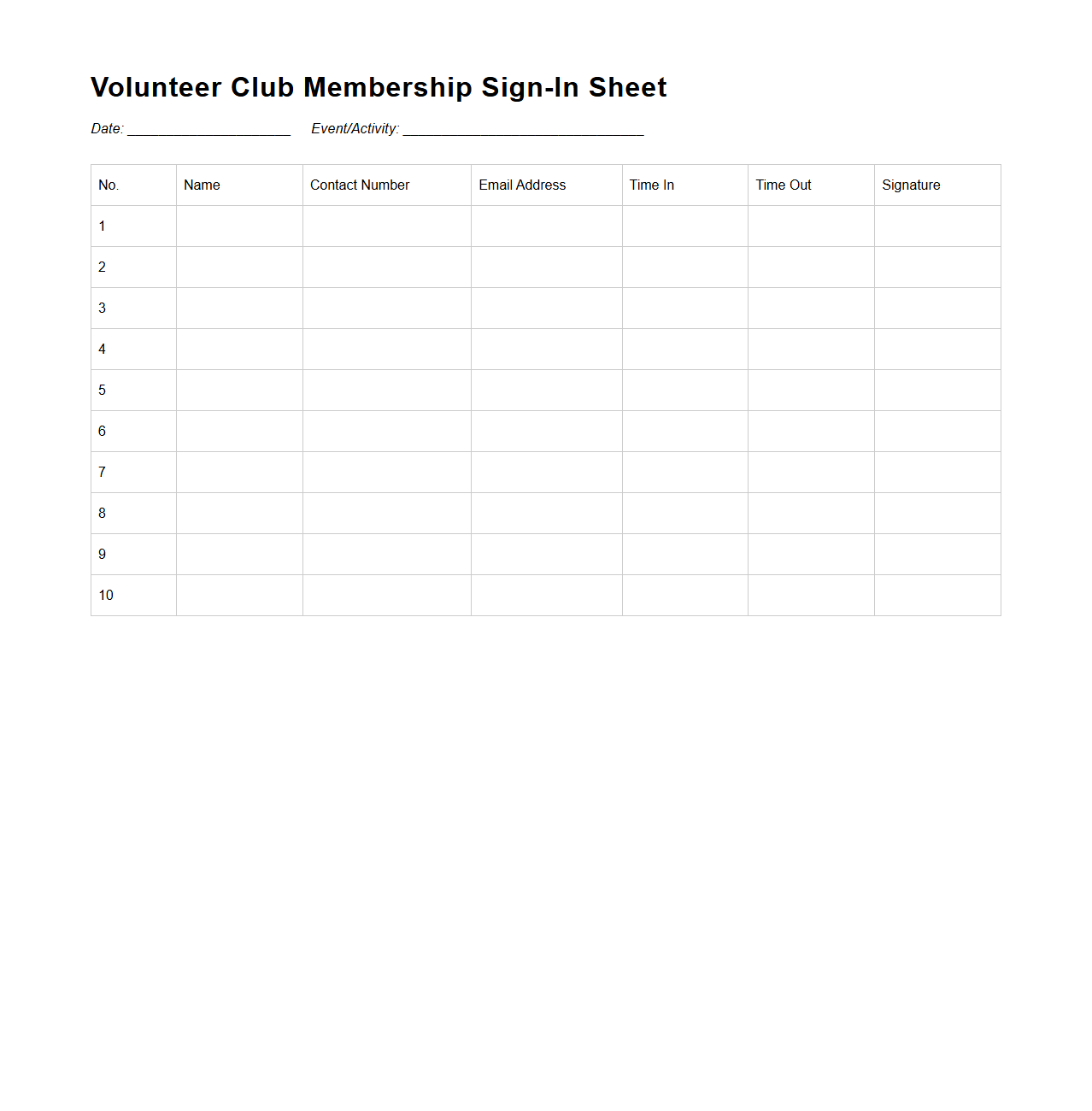 Volunteer Club Membership Sign-In Sheet Template