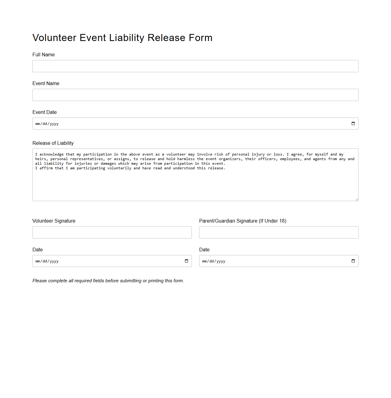 Volunteer Event Liability Release Form