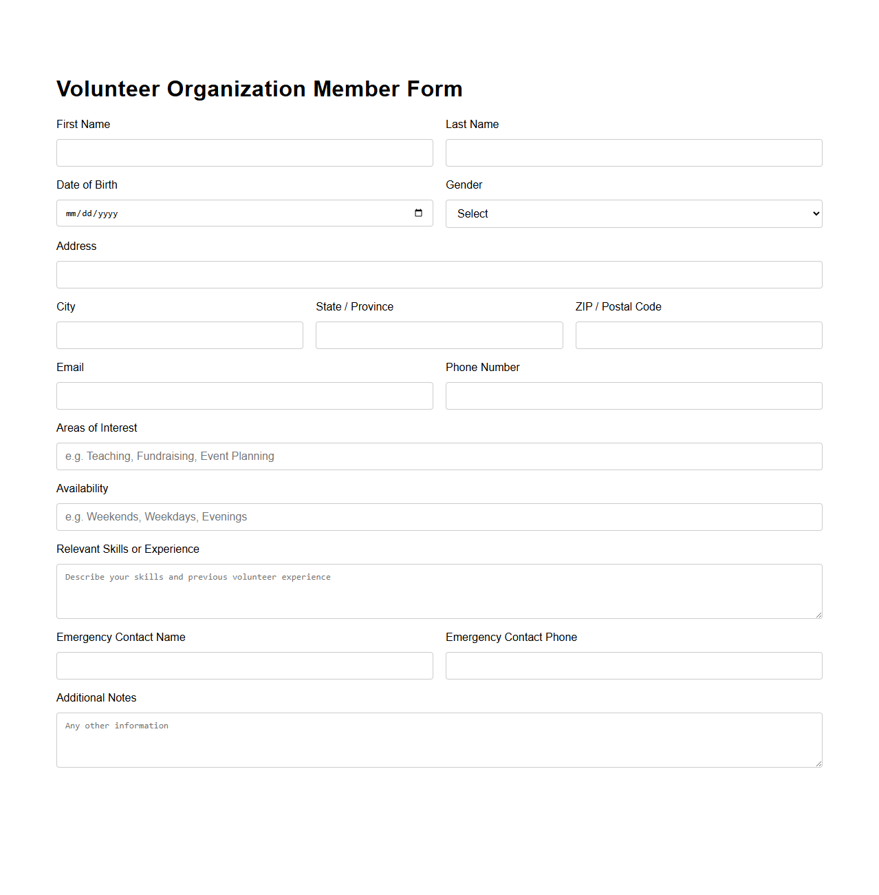 Volunteer Organization Member Form Template