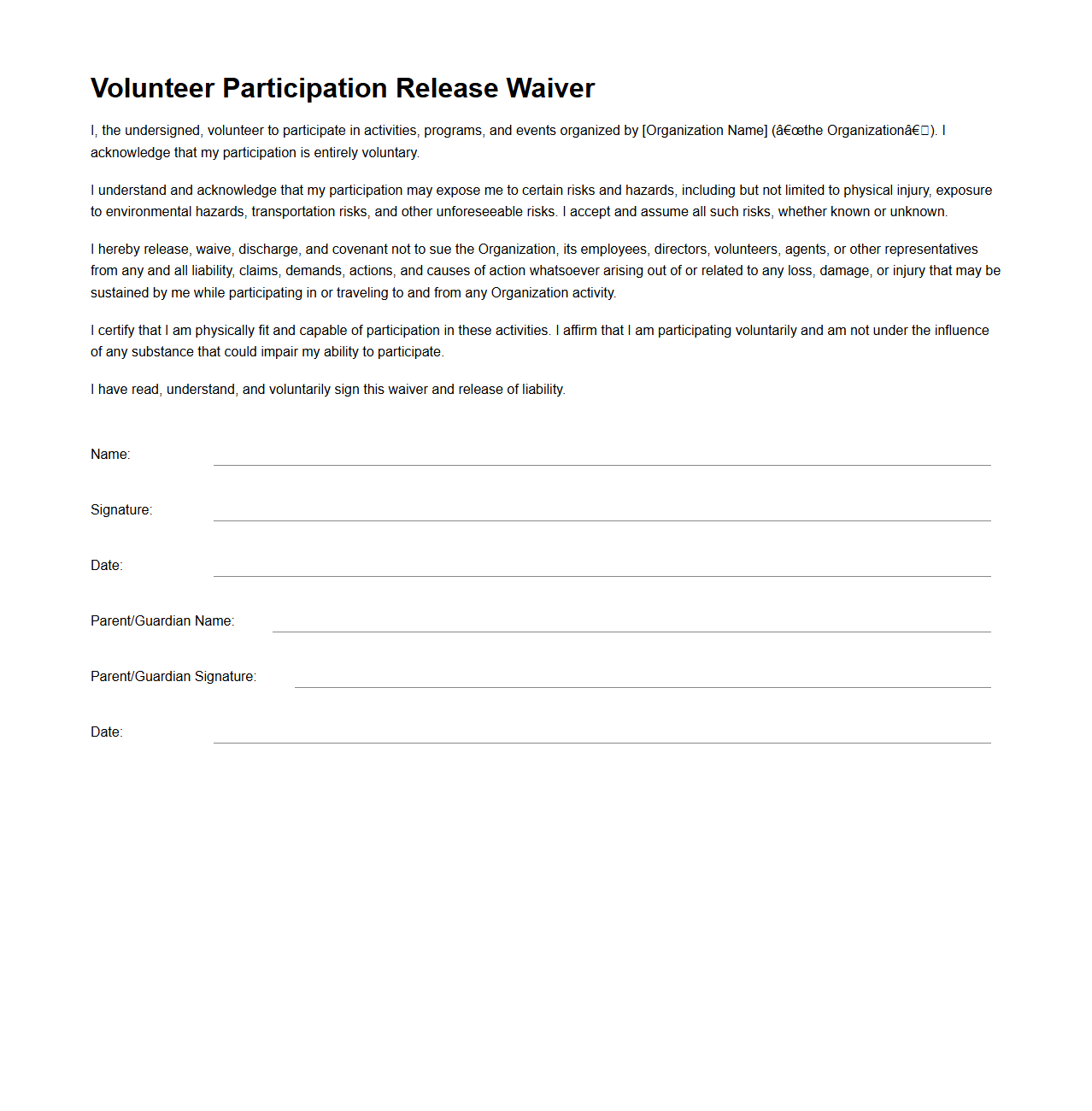 Volunteer Participation Release Waiver