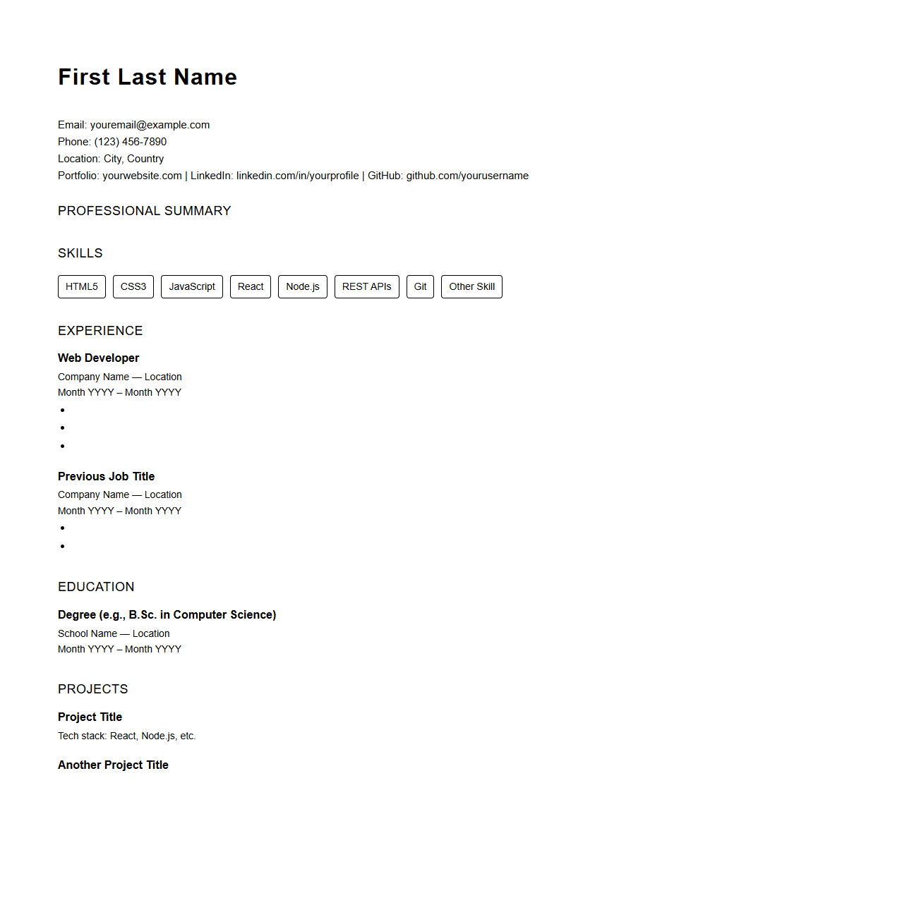 Web Developer Blank Resume Template