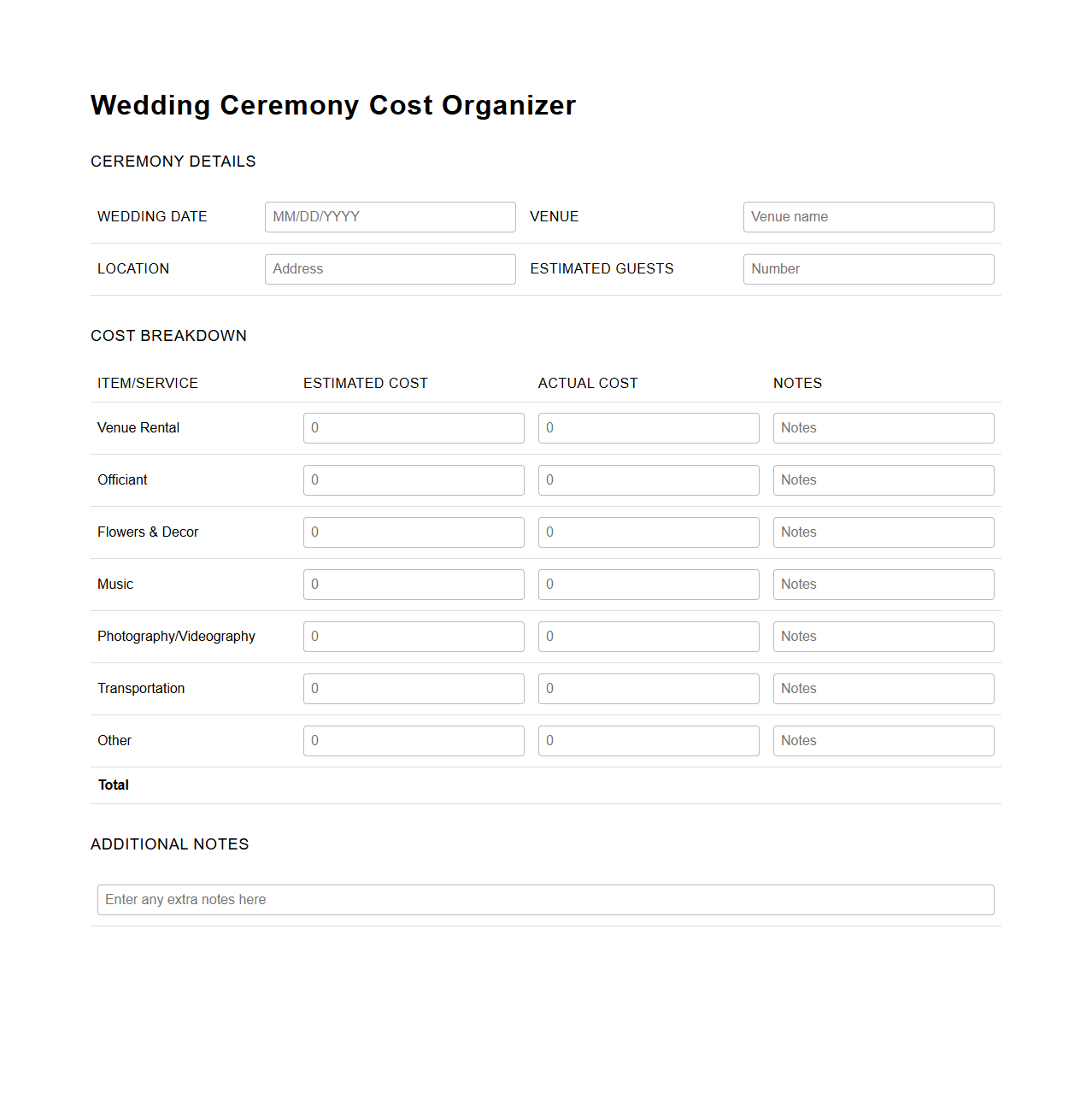 Wedding Ceremony Cost Organizer Template
