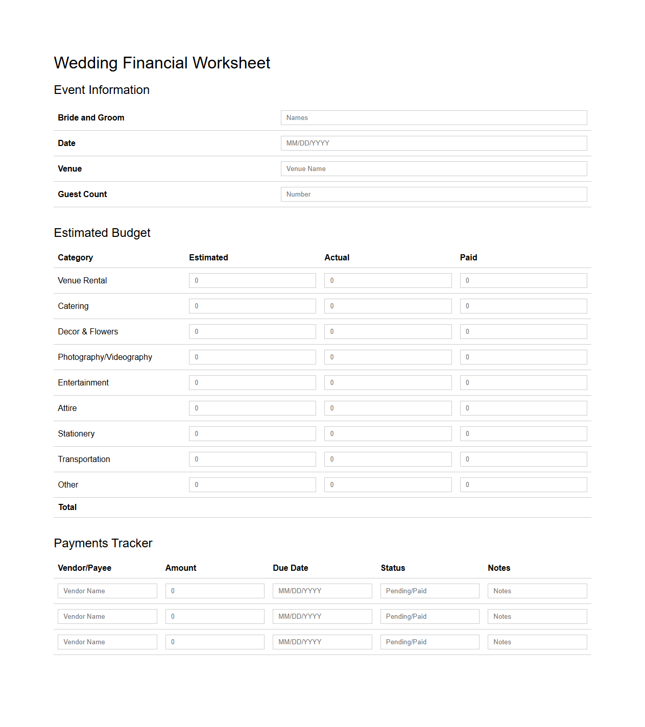 Wedding Financial Worksheet for Event Managers