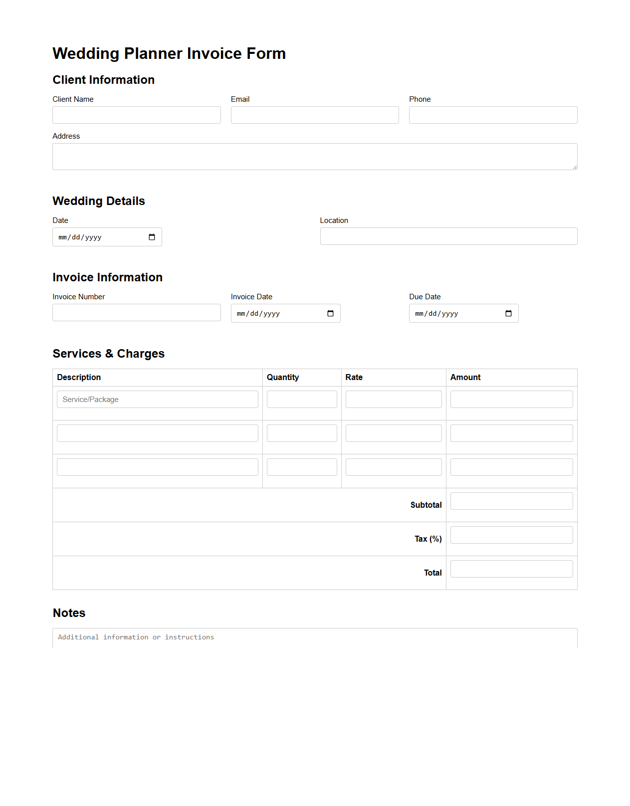 Wedding Planner Invoice Form