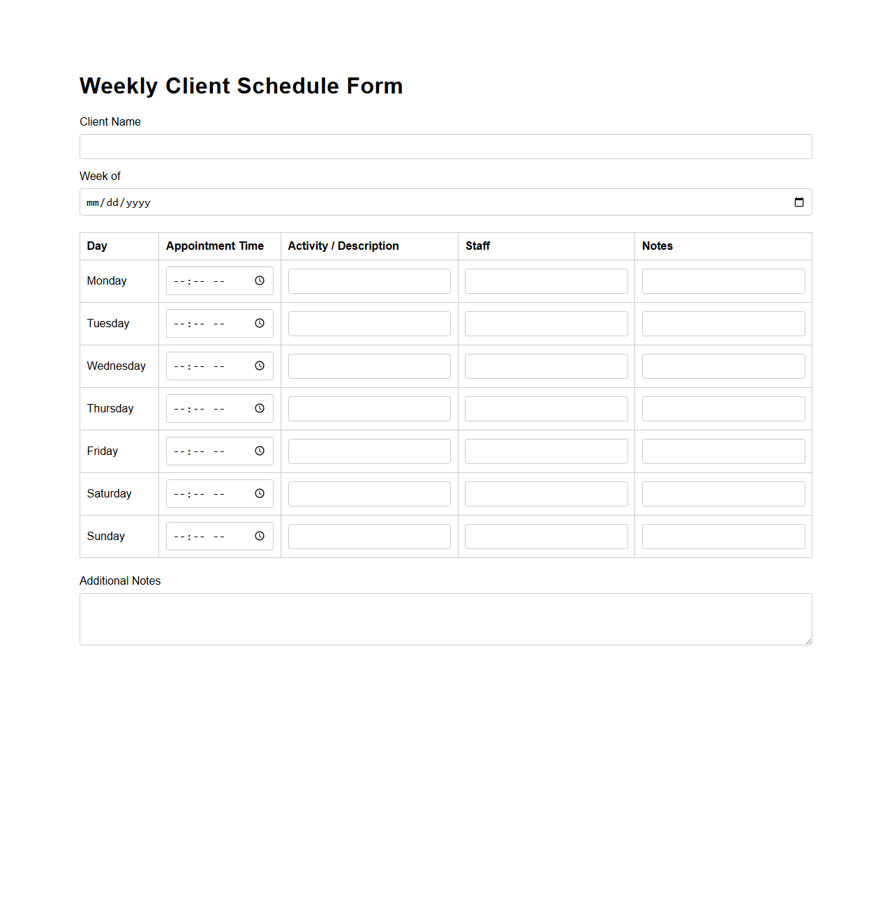 Weekly Client Schedule Form