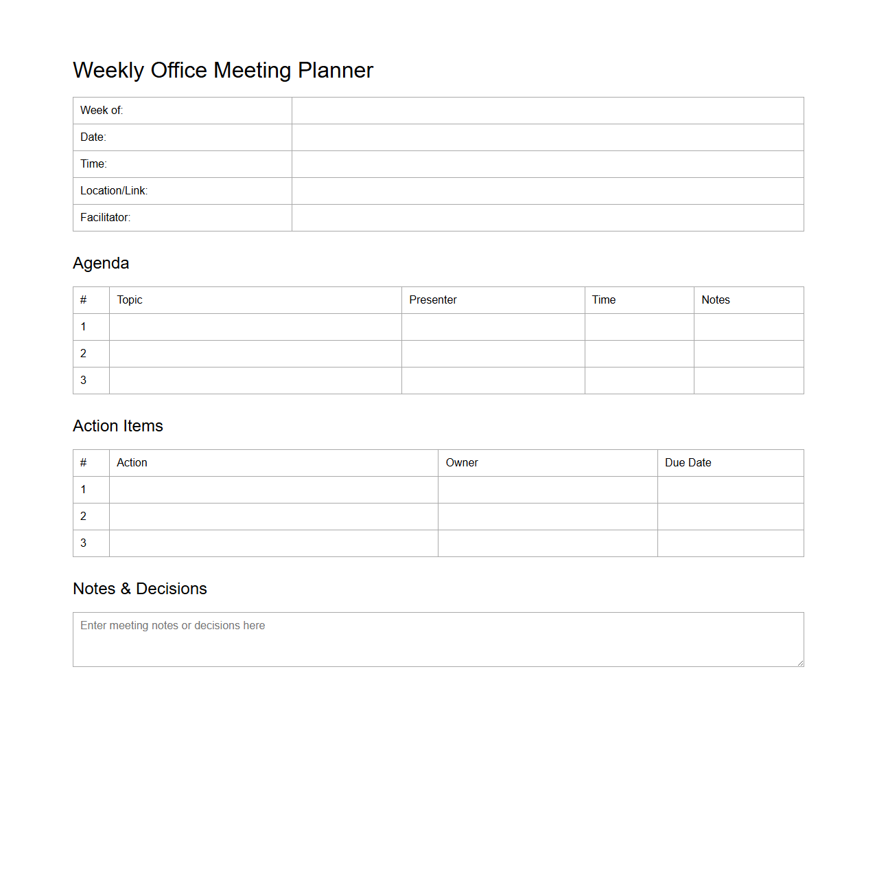 Weekly Office Meeting Planner Template