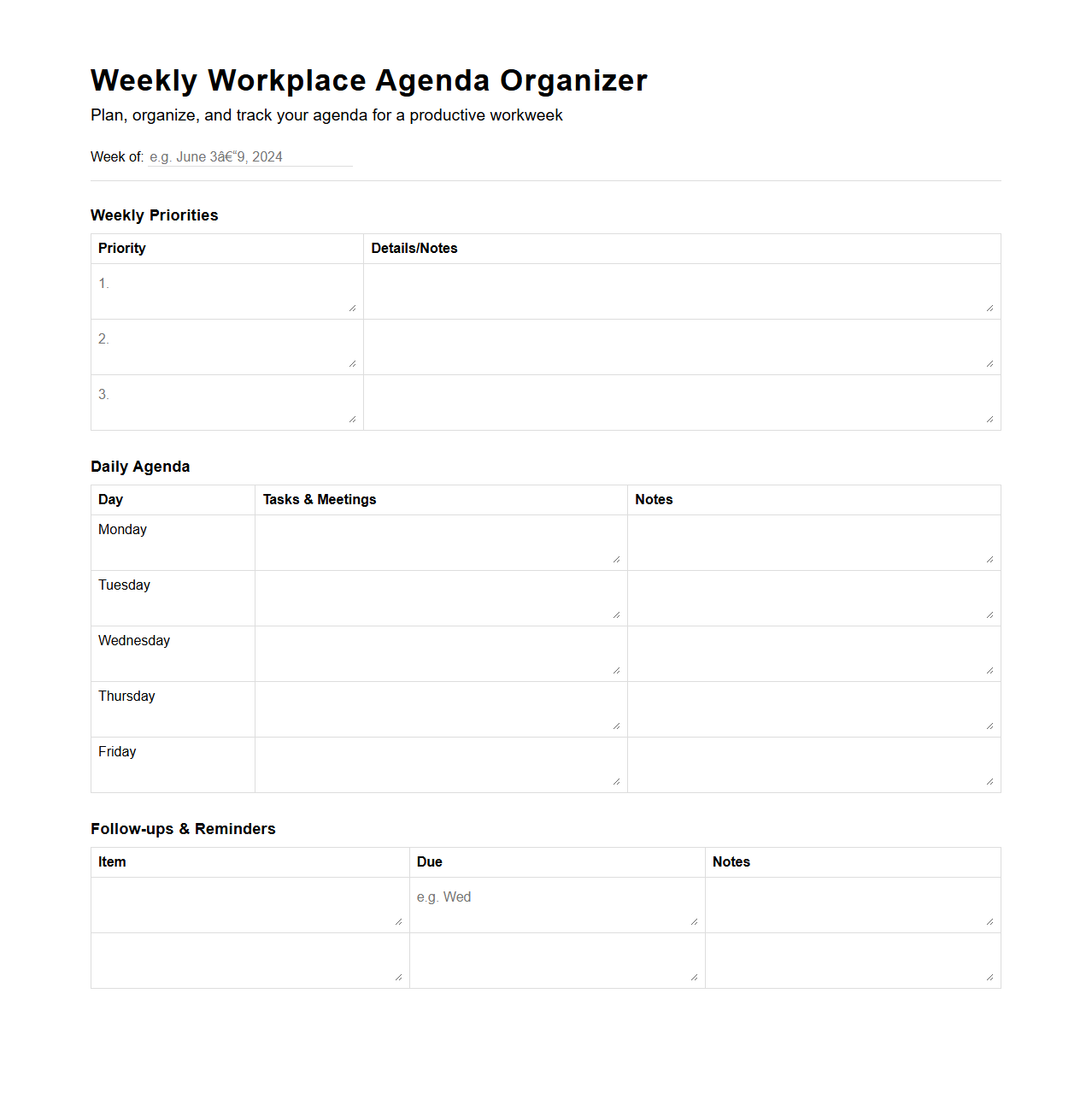 Weekly Workplace Agenda Organizer