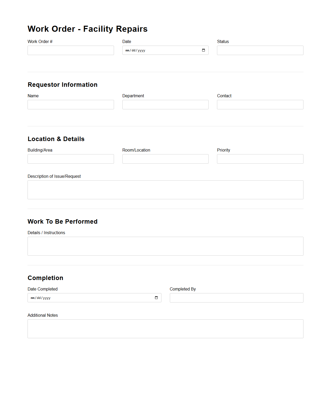 Work Order Template for Facility Repairs