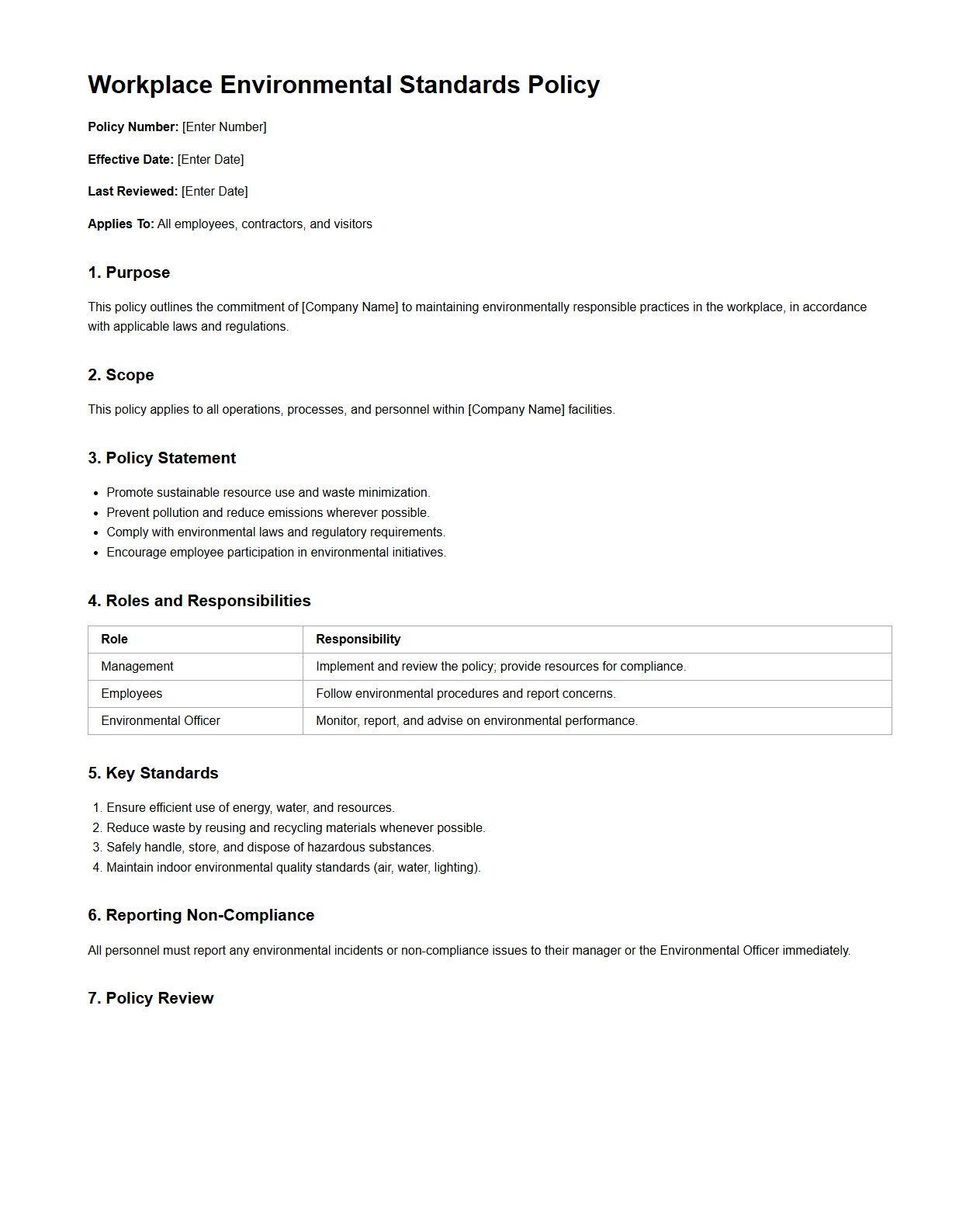 Workplace Environmental Standards Policy Template