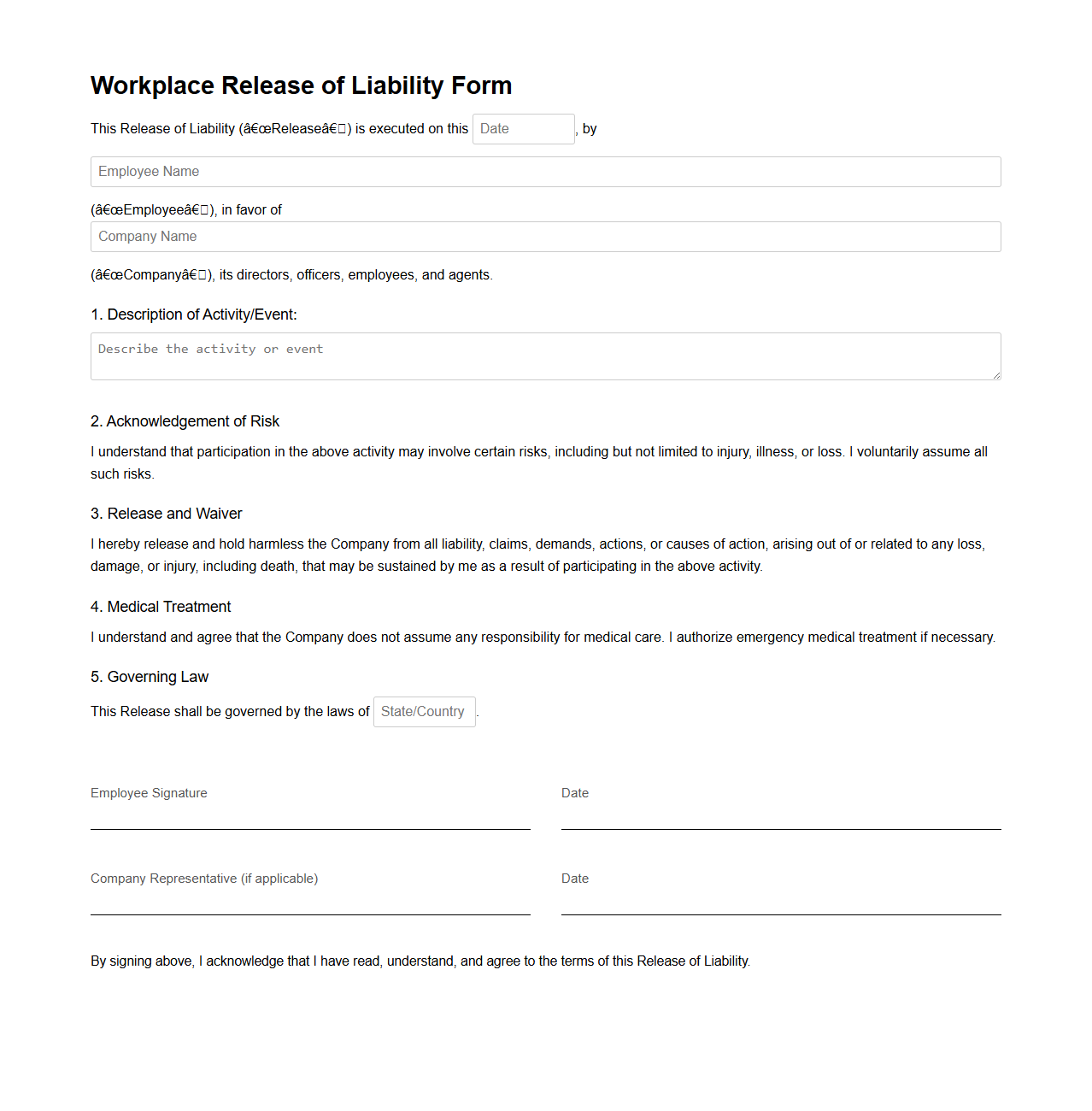 Workplace Release of Liability Form