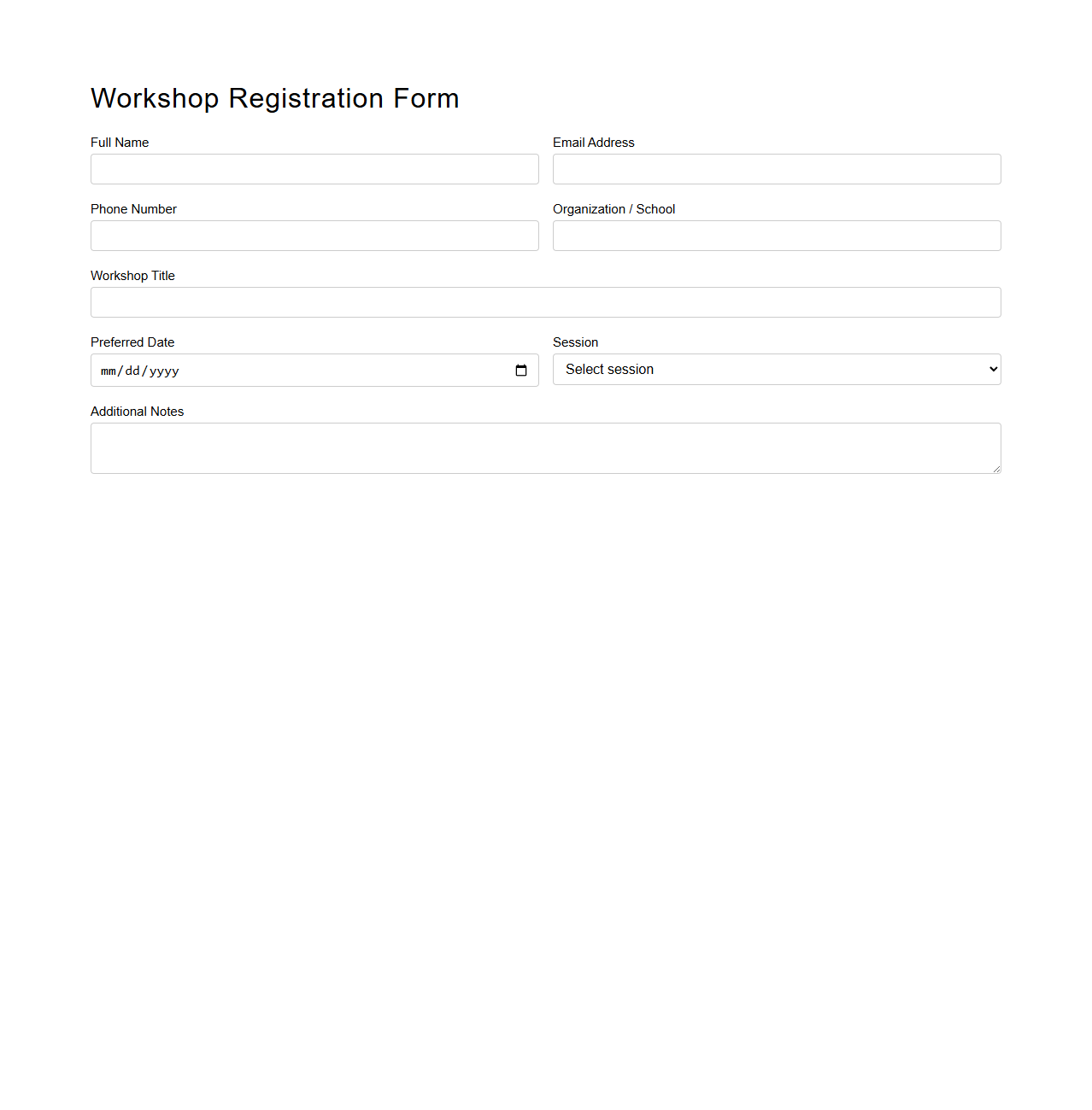 Workshop Registration Blank Form Layout