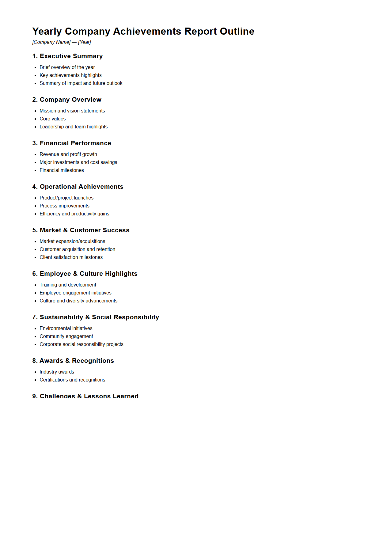 Yearly Company Achievements Report Outline
