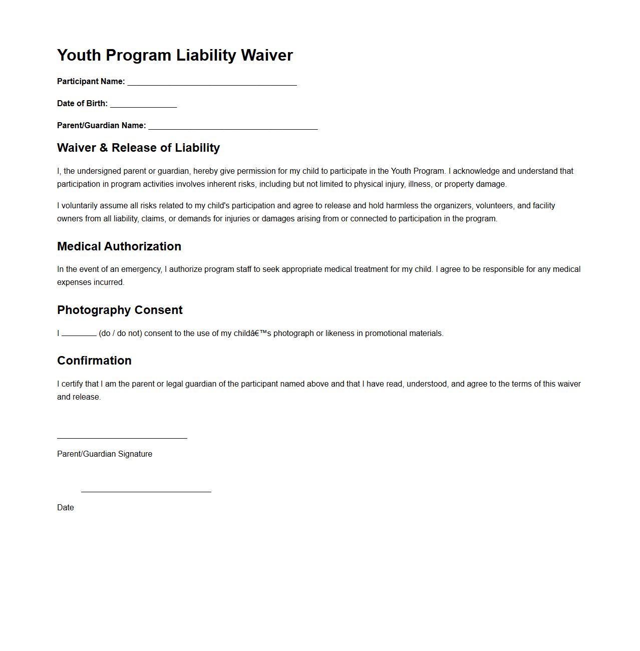 Youth Program Liability Waiver for Parents