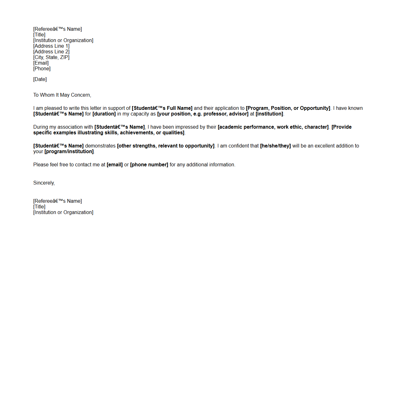 Academic Reference Letter Template for Students