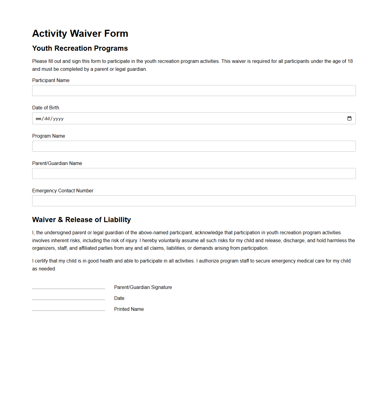 Activity Waiver Form for Youth Recreation Programs