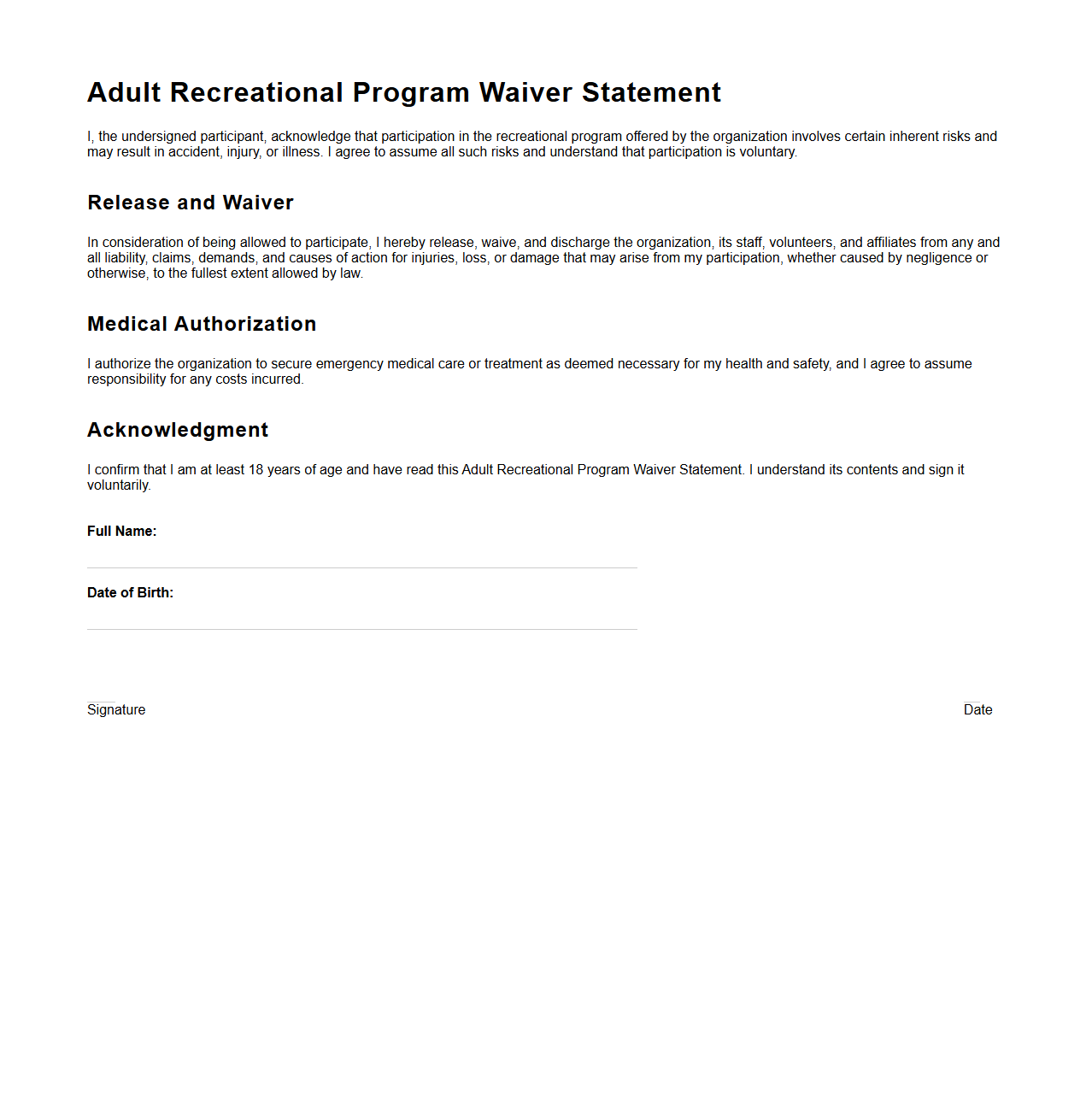 Adult Recreational Program Waiver Statement
