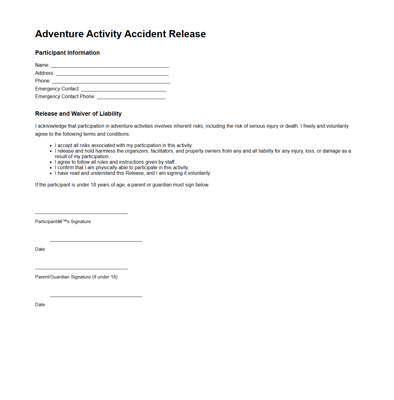 Adventure Activity Accident Release Template