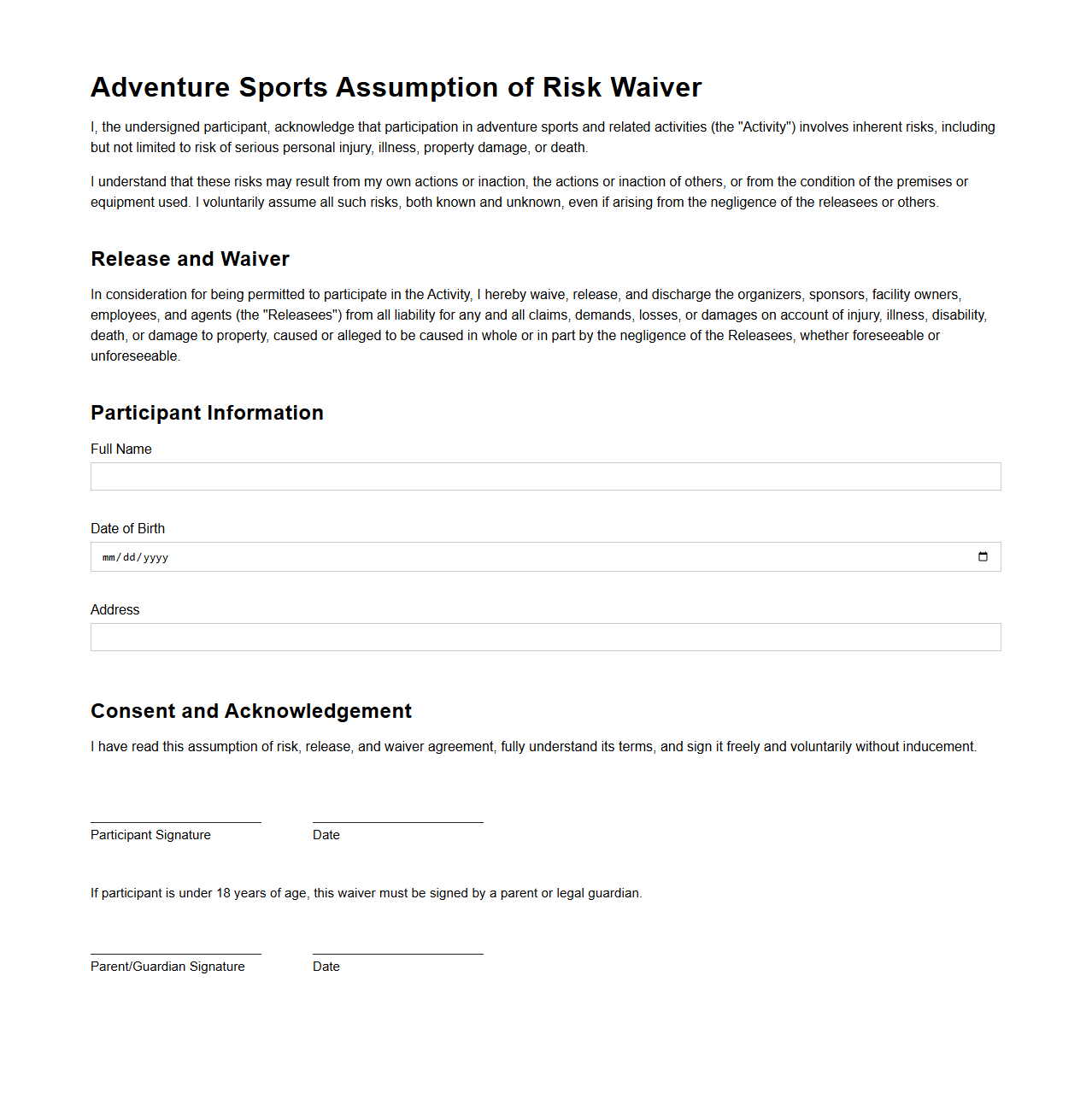 Adventure Sports Assumption of Risk Waiver