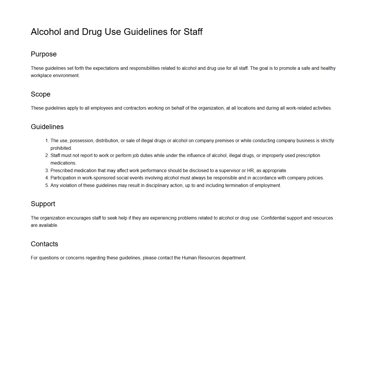 Alcohol and Drug Use Guidelines for Staff