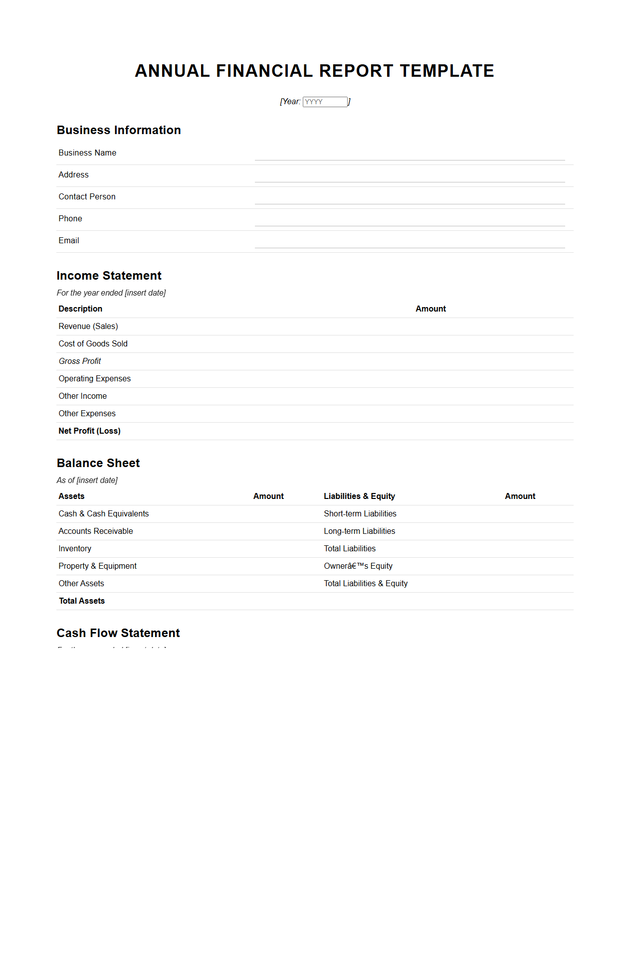 Annual Blank Financial Report Template for Businesses