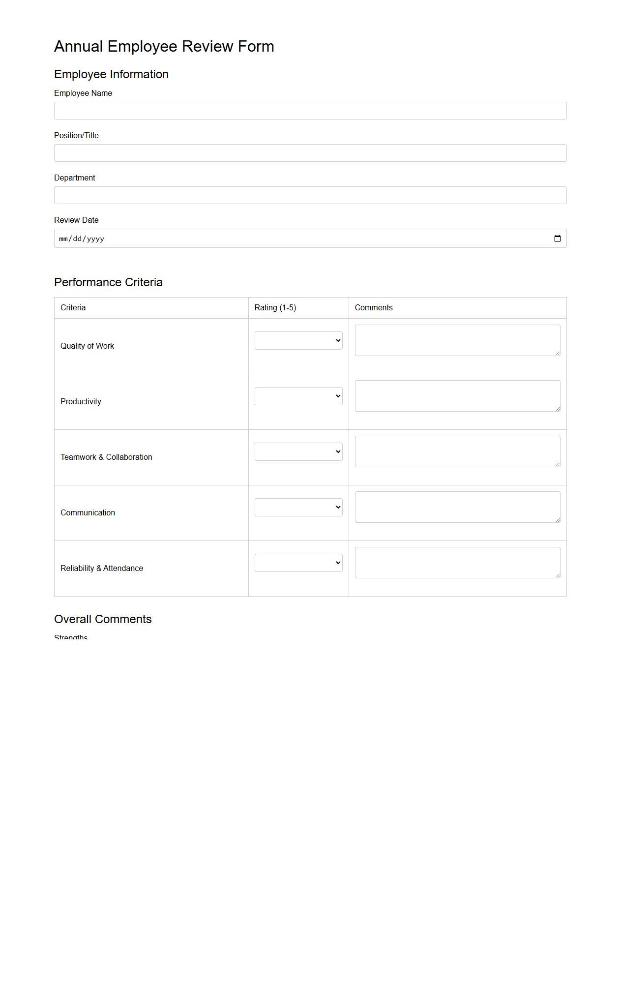 Annual Employee Review Form