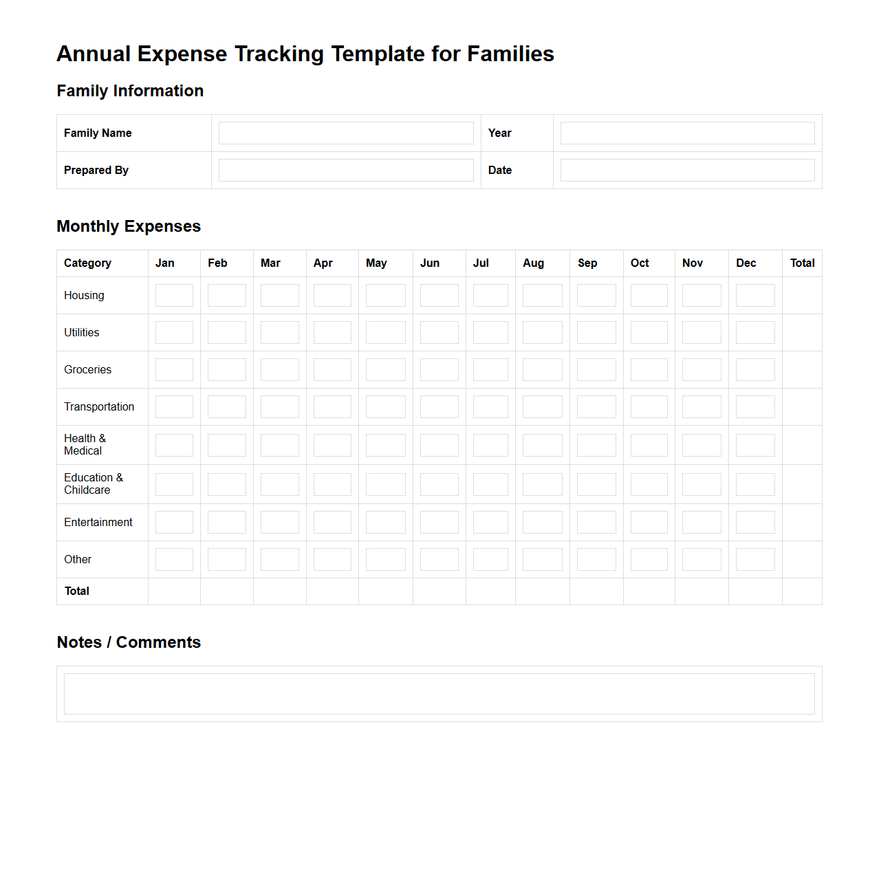 Annual Expense Tracking Template for Families