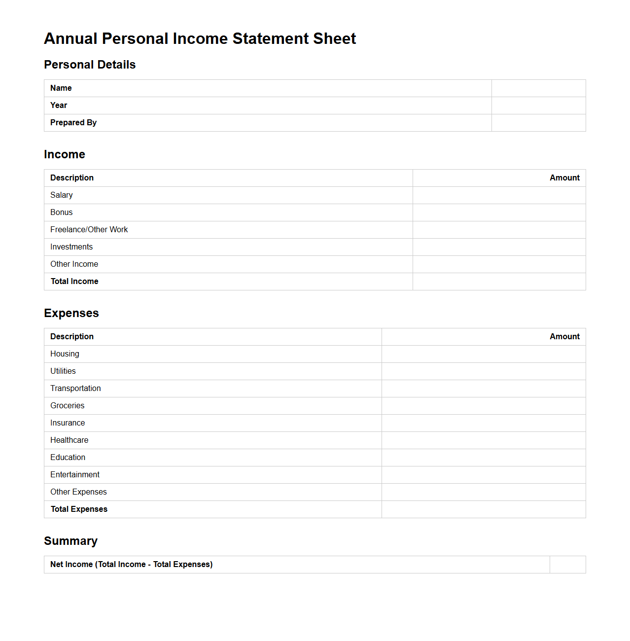 Annual Personal Income Statement Sheet