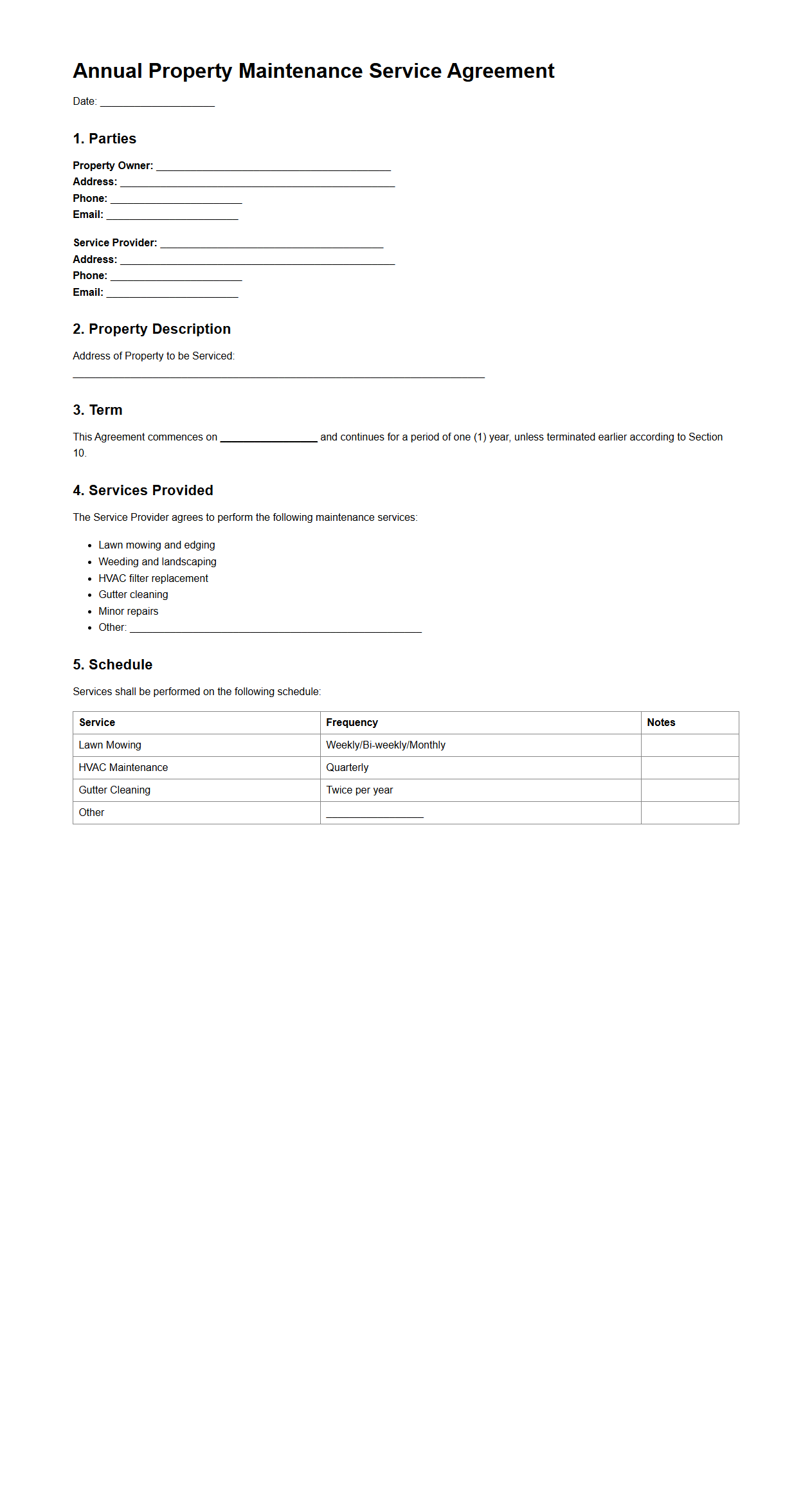 Annual Property Maintenance Service Agreement Template