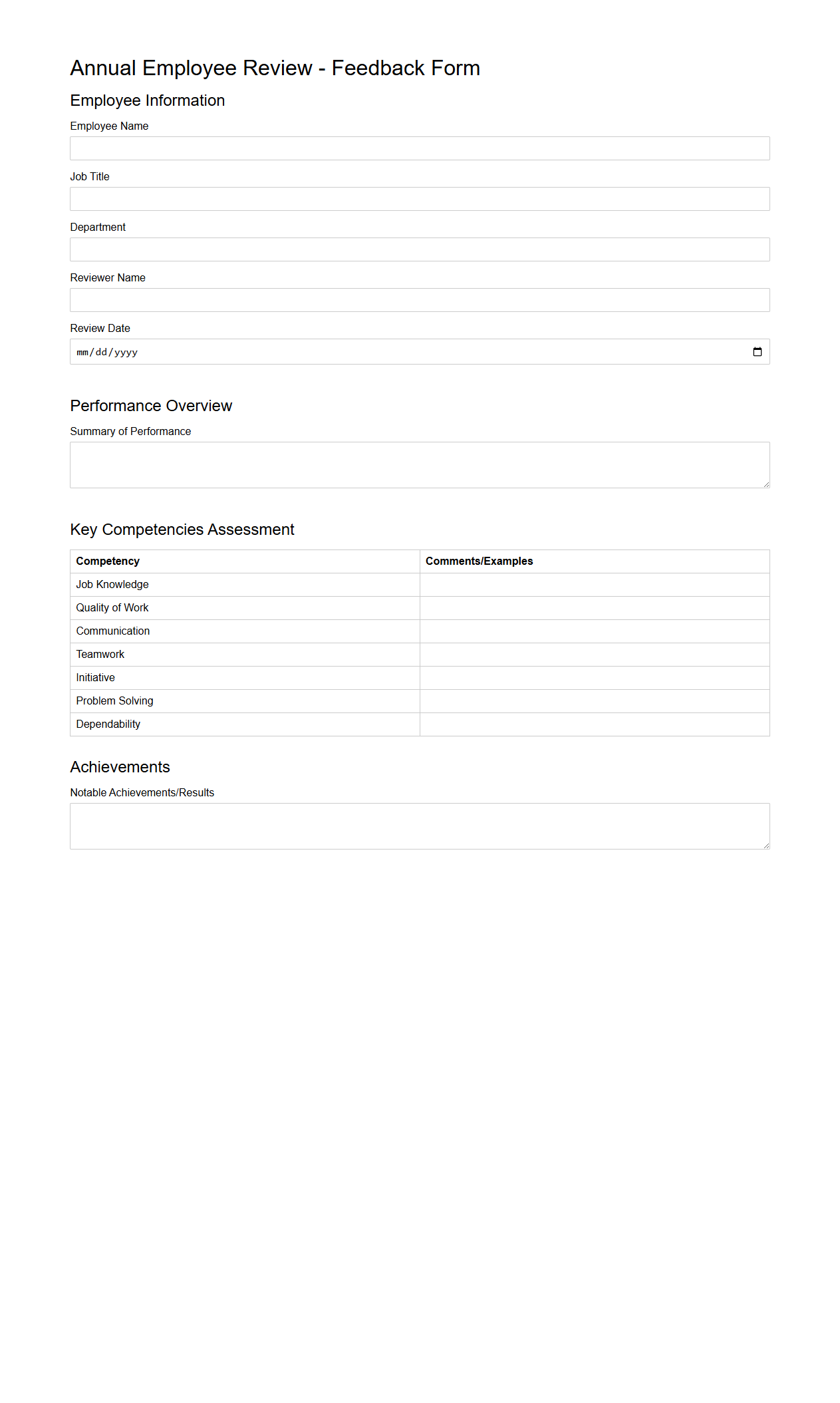 Annual Review Blank Feedback Format for Employees