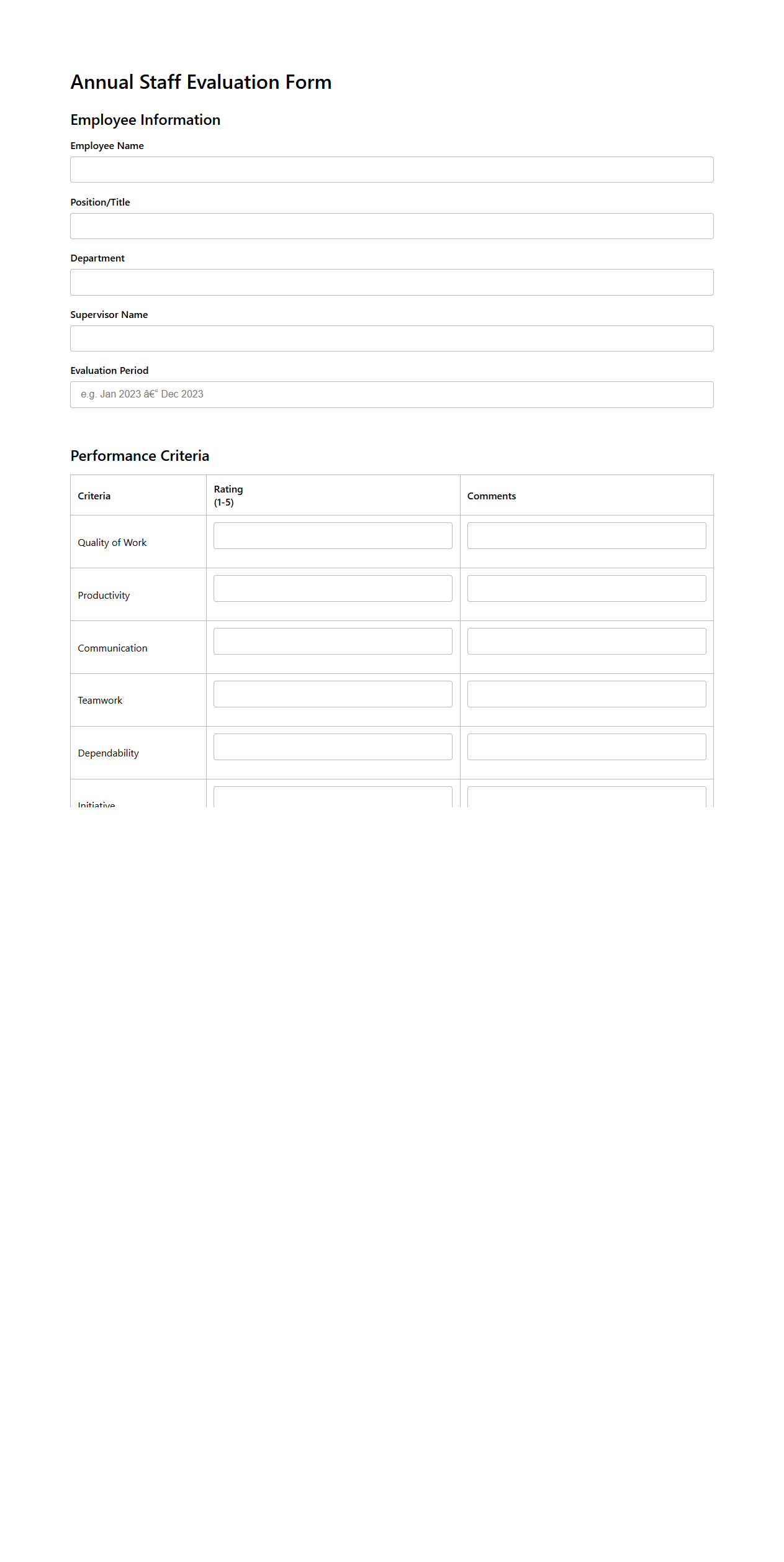 Annual Staff Evaluation Blank Form Template