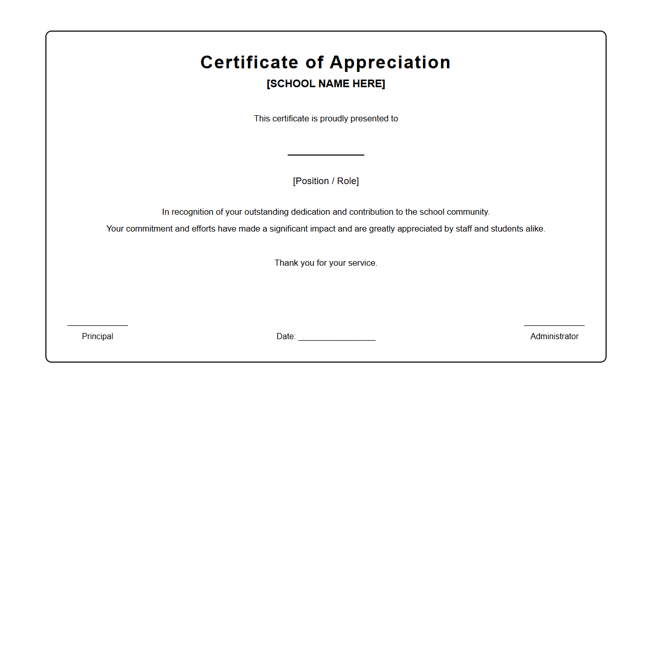 Appreciation Certificate Format for School Staff