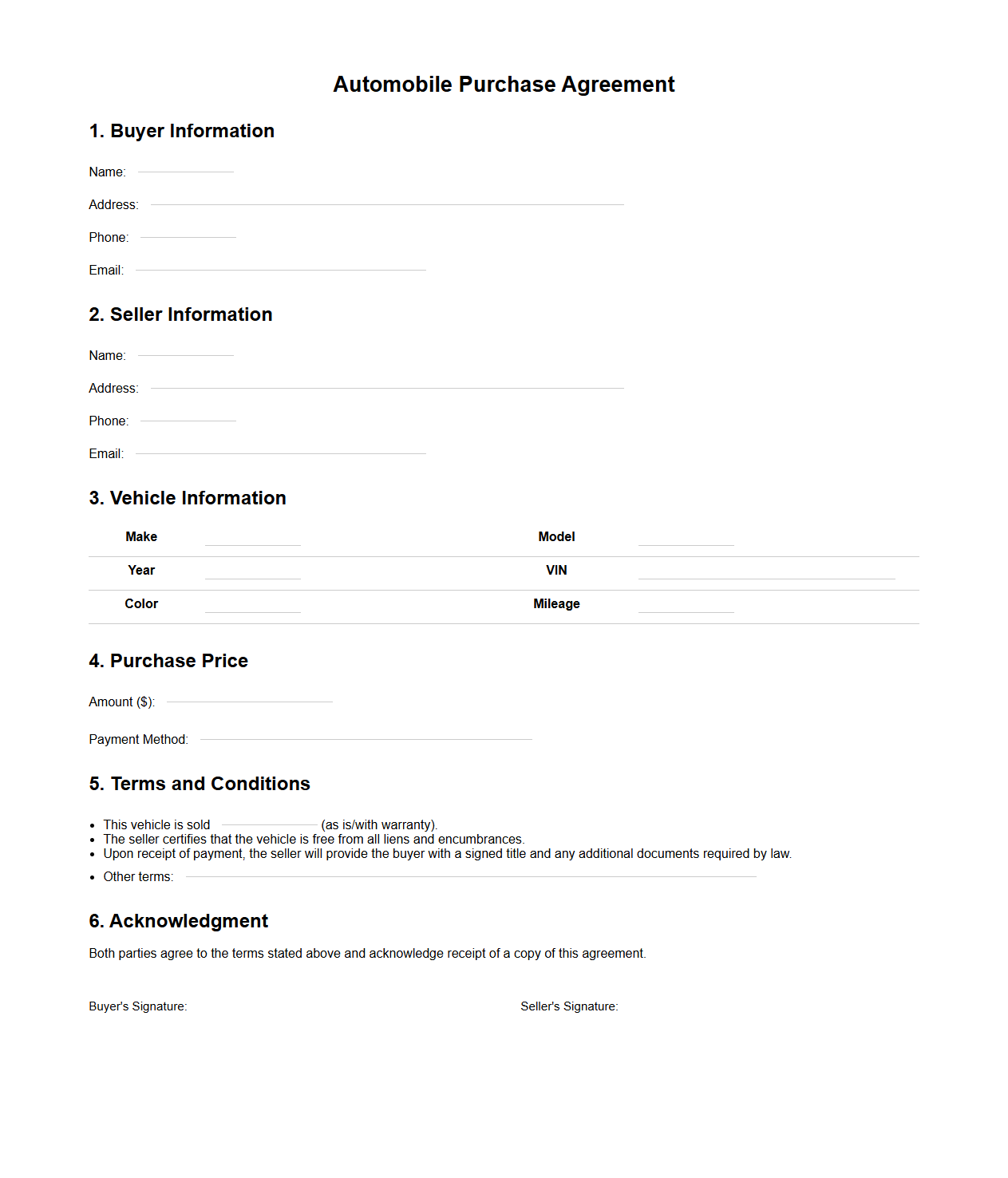 Automobile Purchase Agreement Template