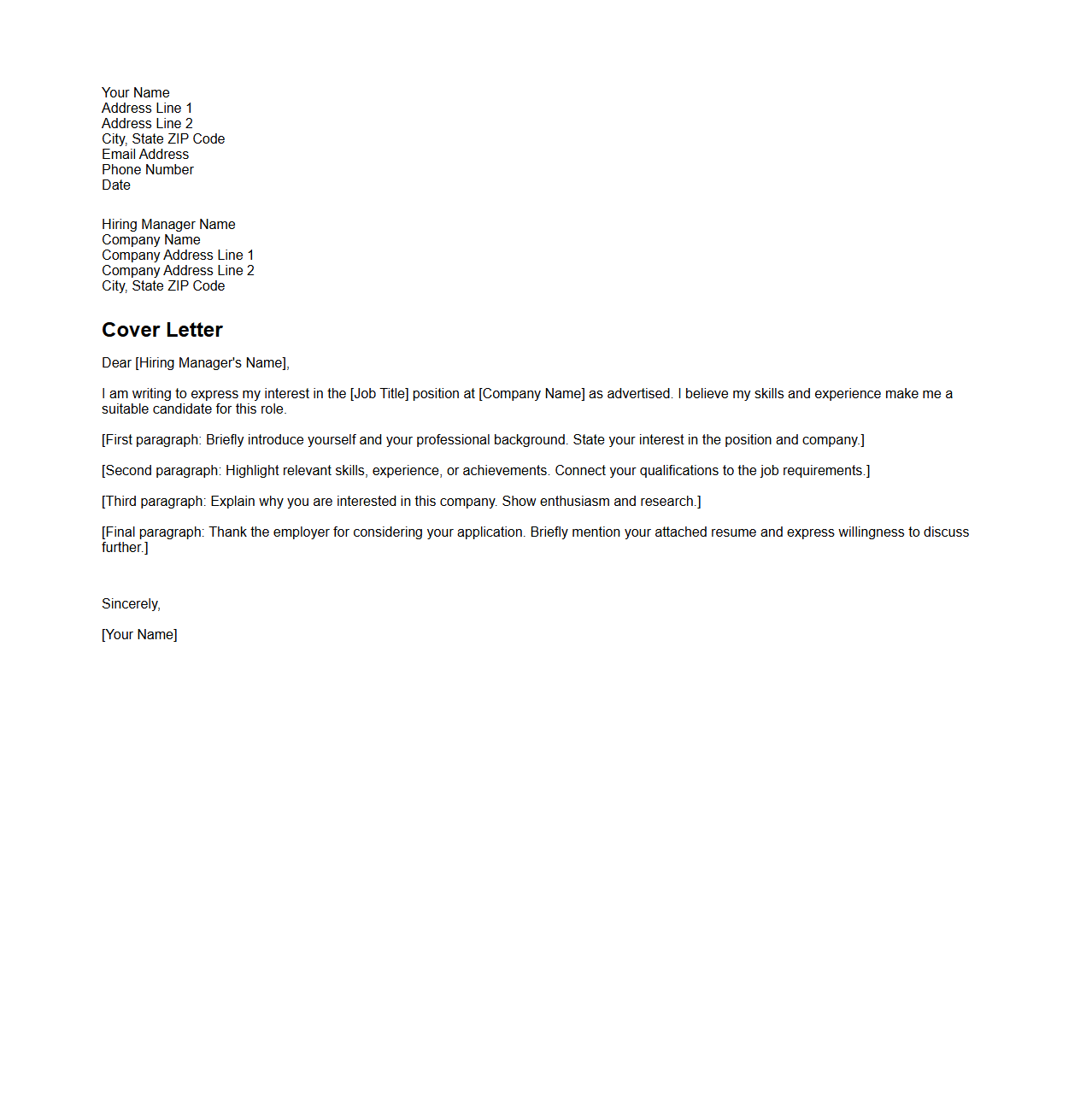 Basic Blank Cover Letter Template for Job Applications