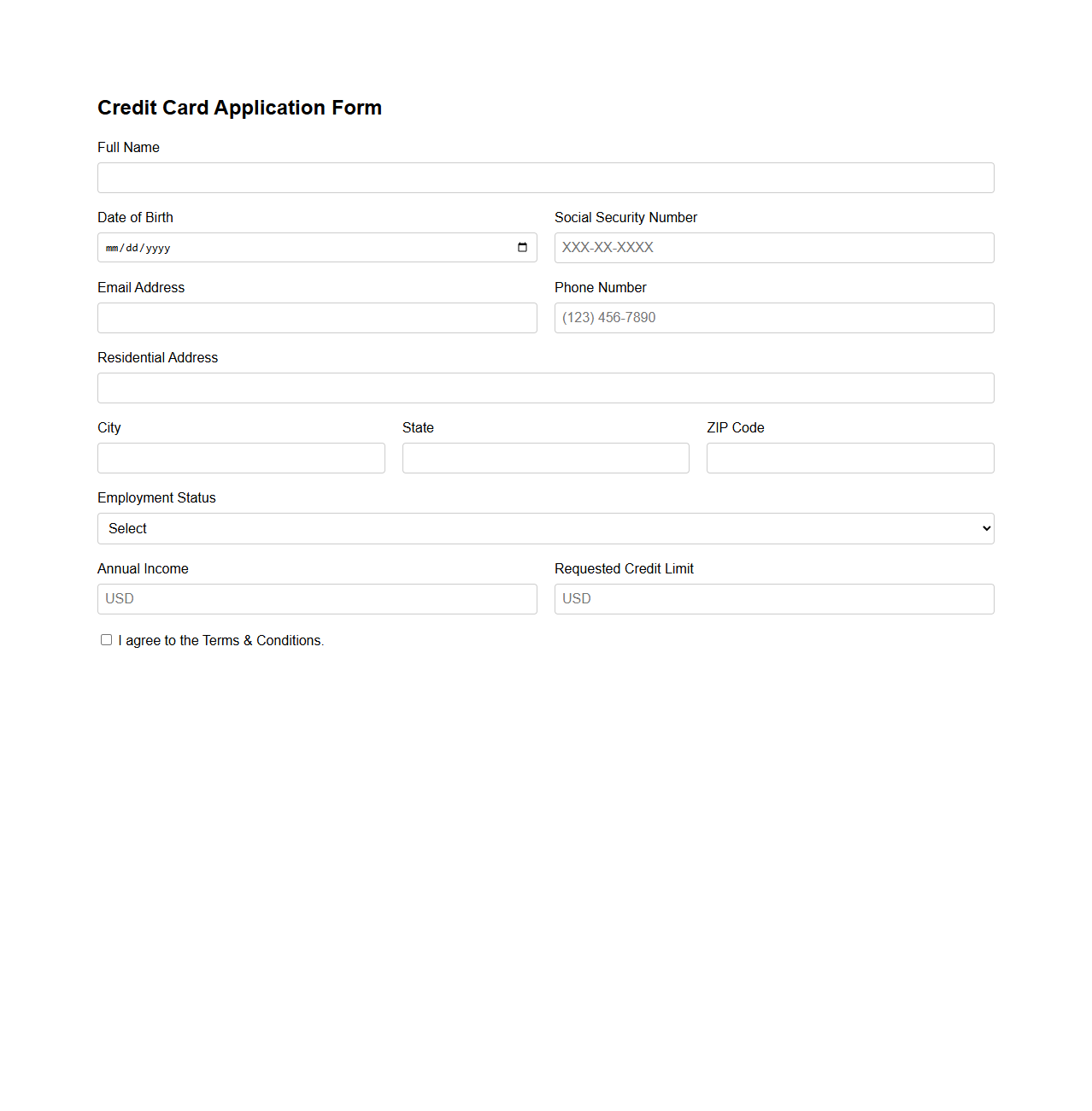Basic Blank Credit Card Application Form for Banks