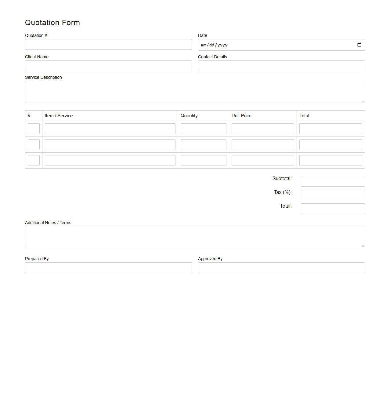 Basic Blank Quotation Form Template for Service Requests