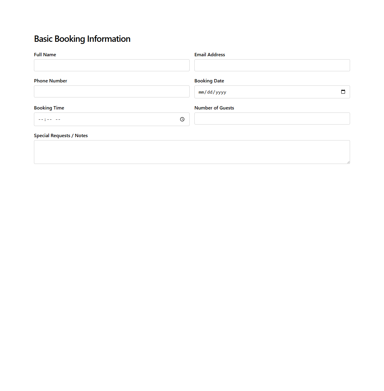 Basic Booking Information Form