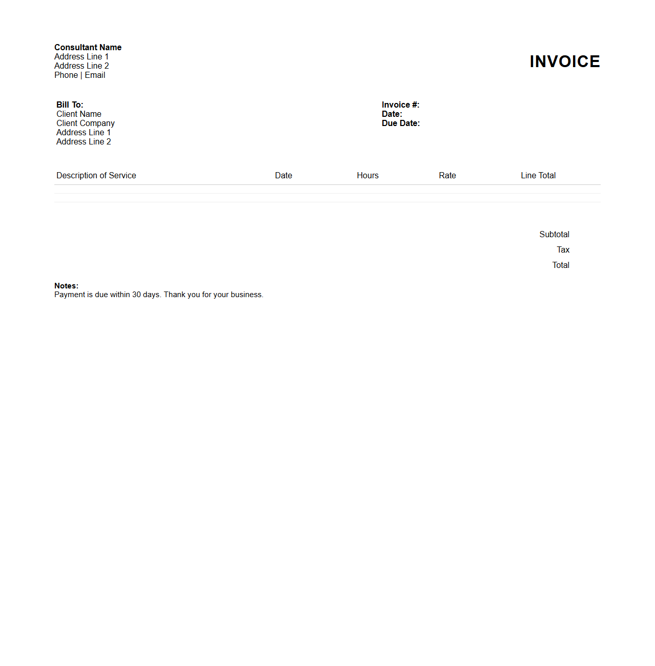 Basic Consultant Hourly Service Invoice Layout