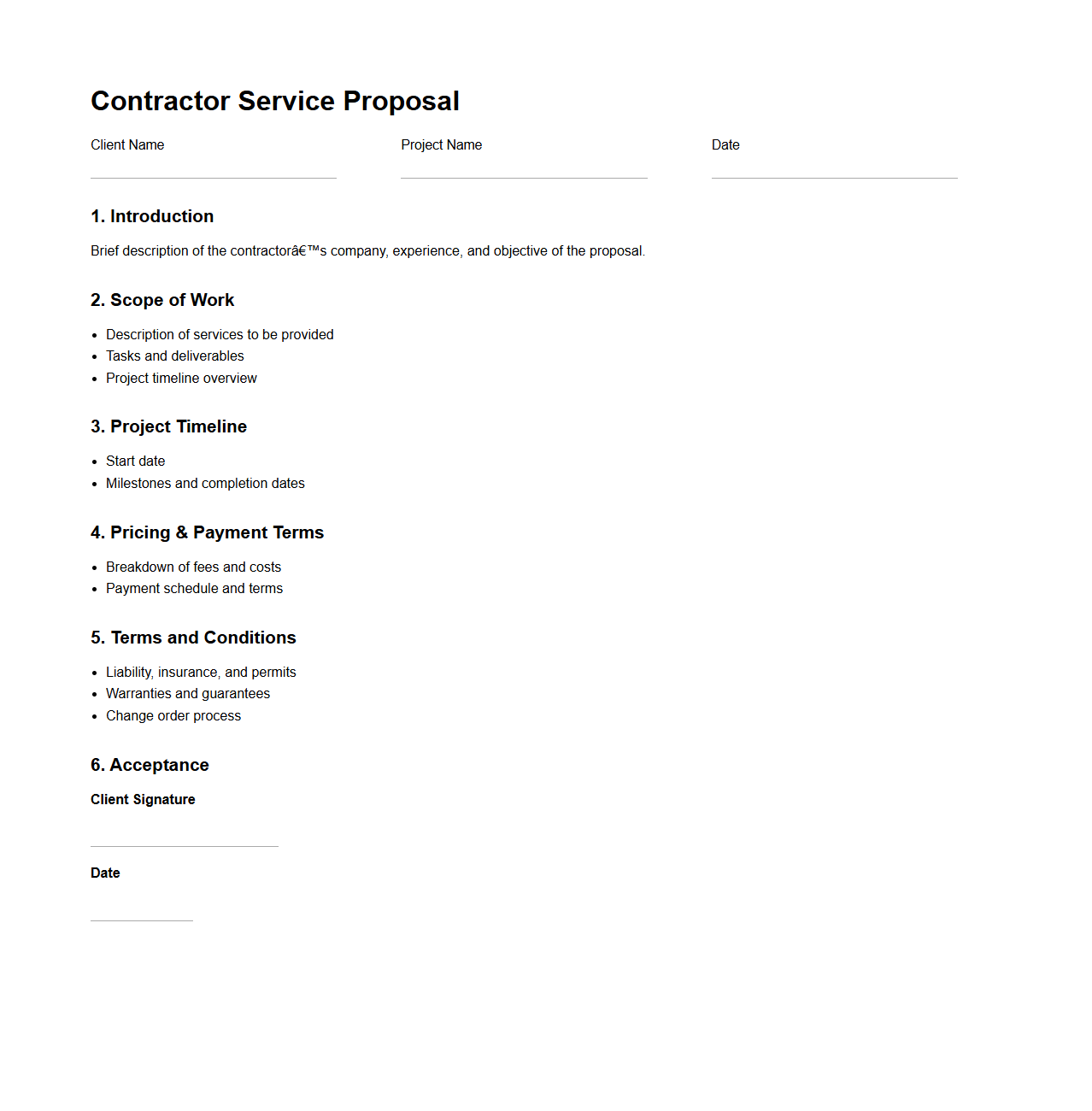 Basic Contractor Service Proposal Outline