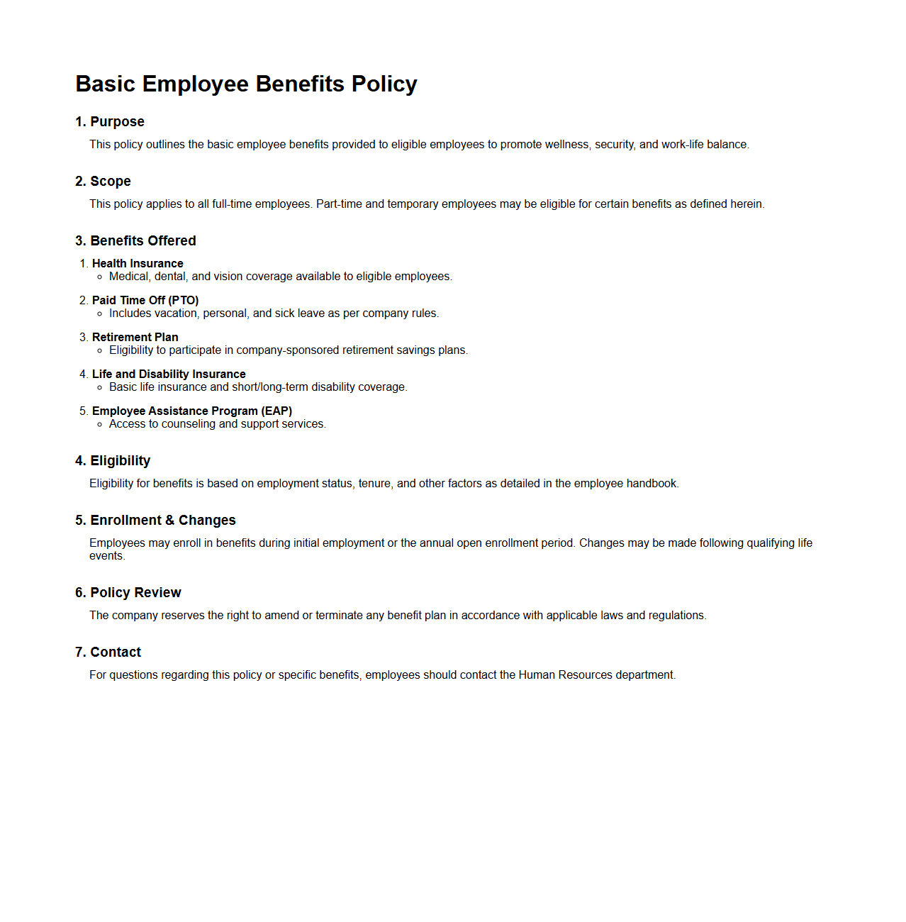 Basic Employee Benefits Policy Structure