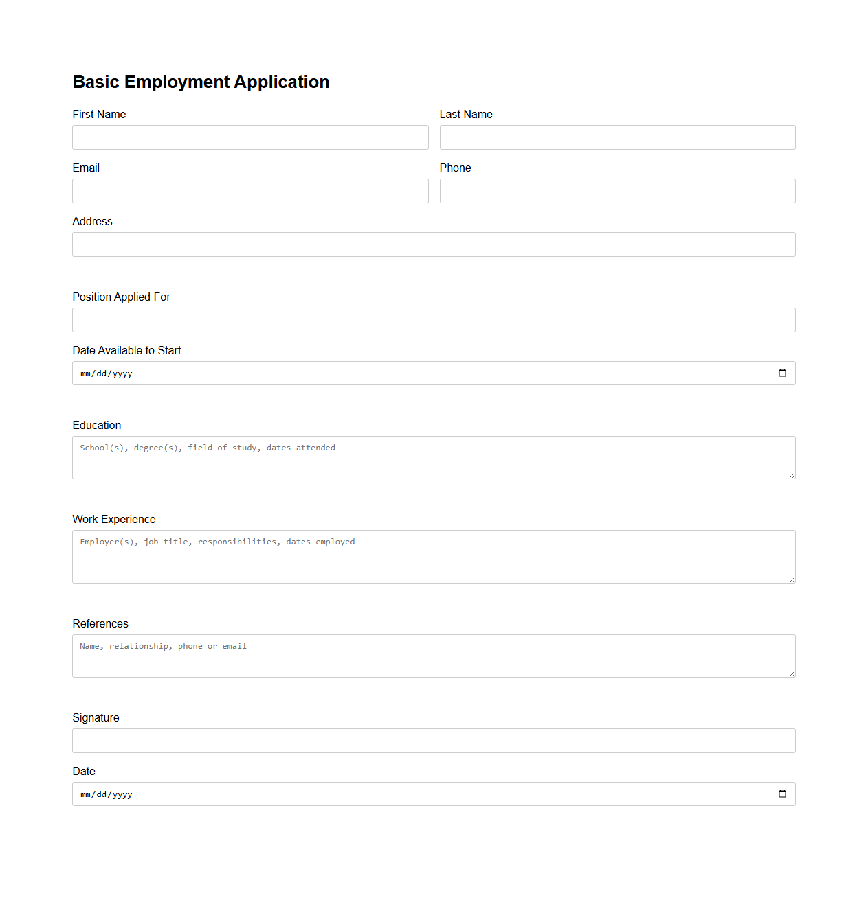 Basic Employment Application Document