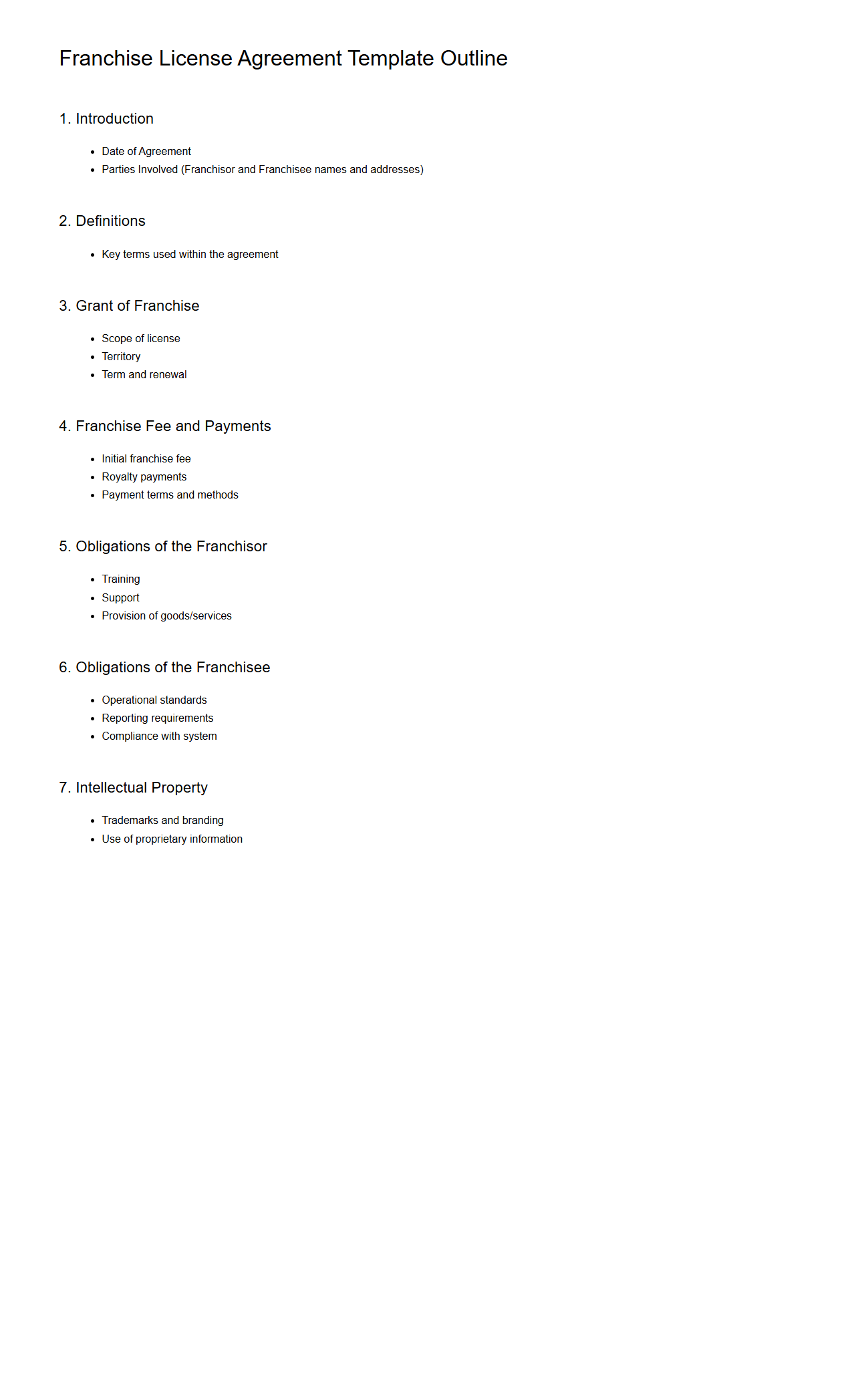 Basic Franchise License Agreement Template Outline