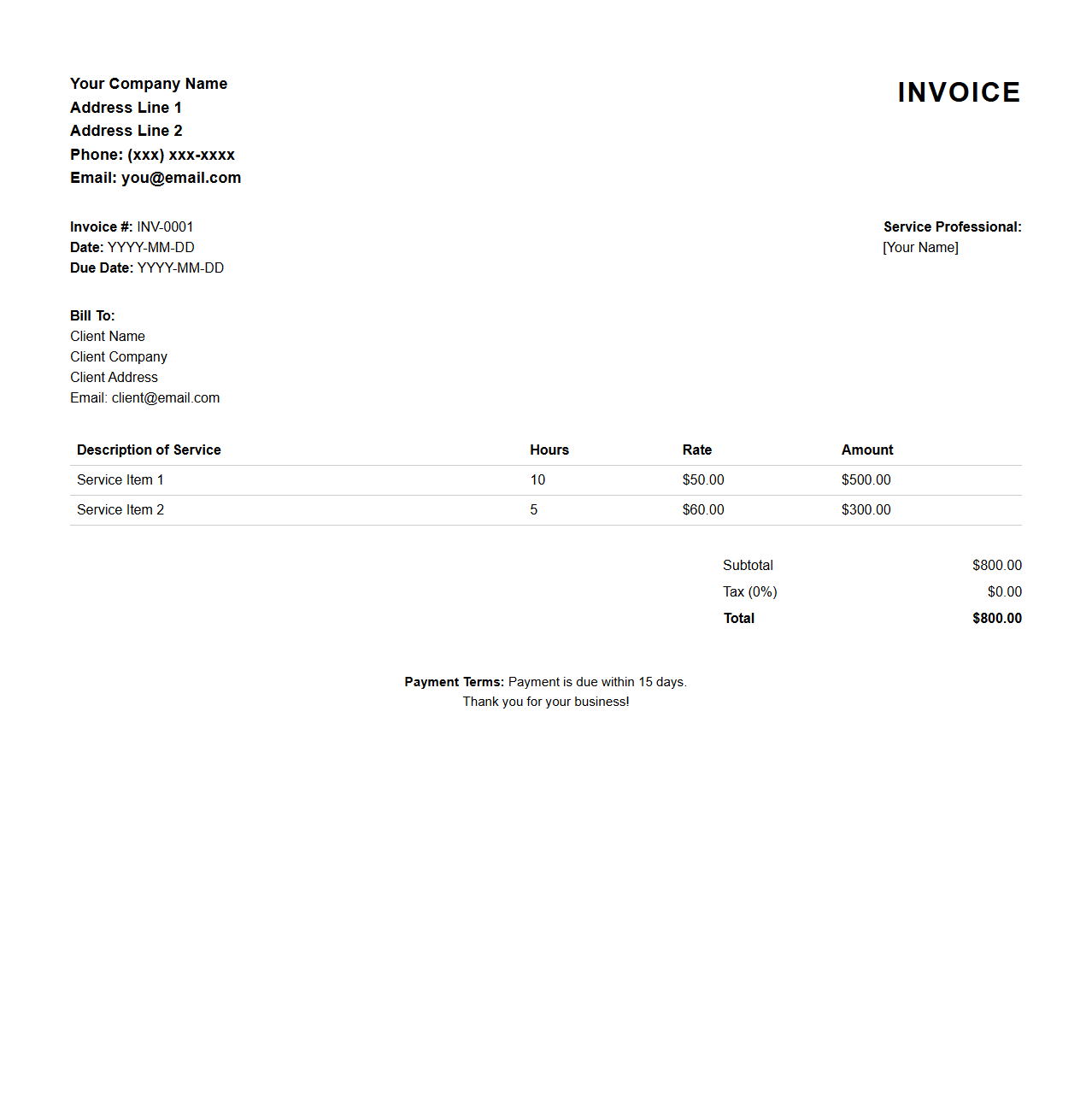 Basic Invoice Template for Service Professionals