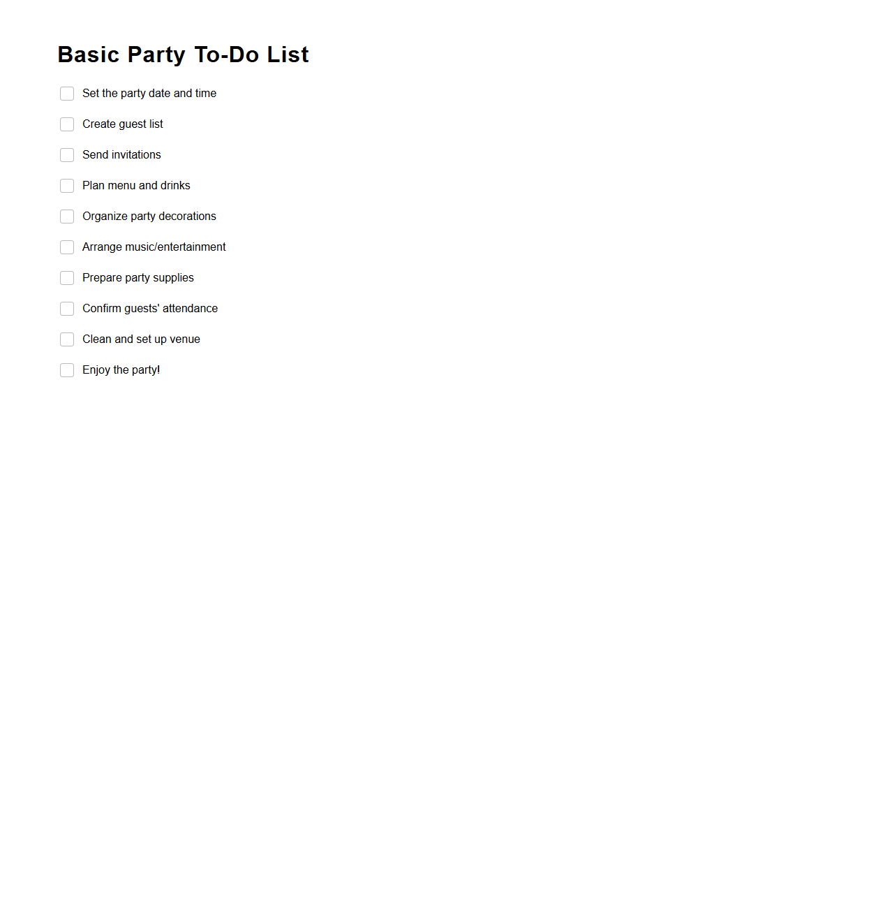 Basic Party To-Do List Template