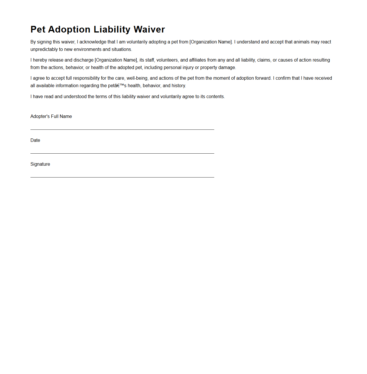 Basic Pet Adoption Liability Waiver