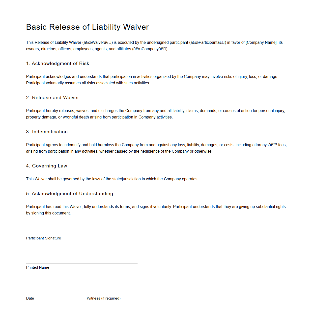 Basic Release of Liability Waiver Template for Companies