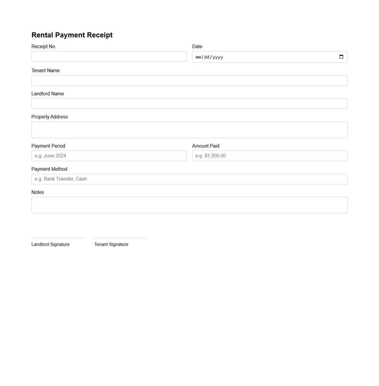 Basic Rental Payment Receipt Form