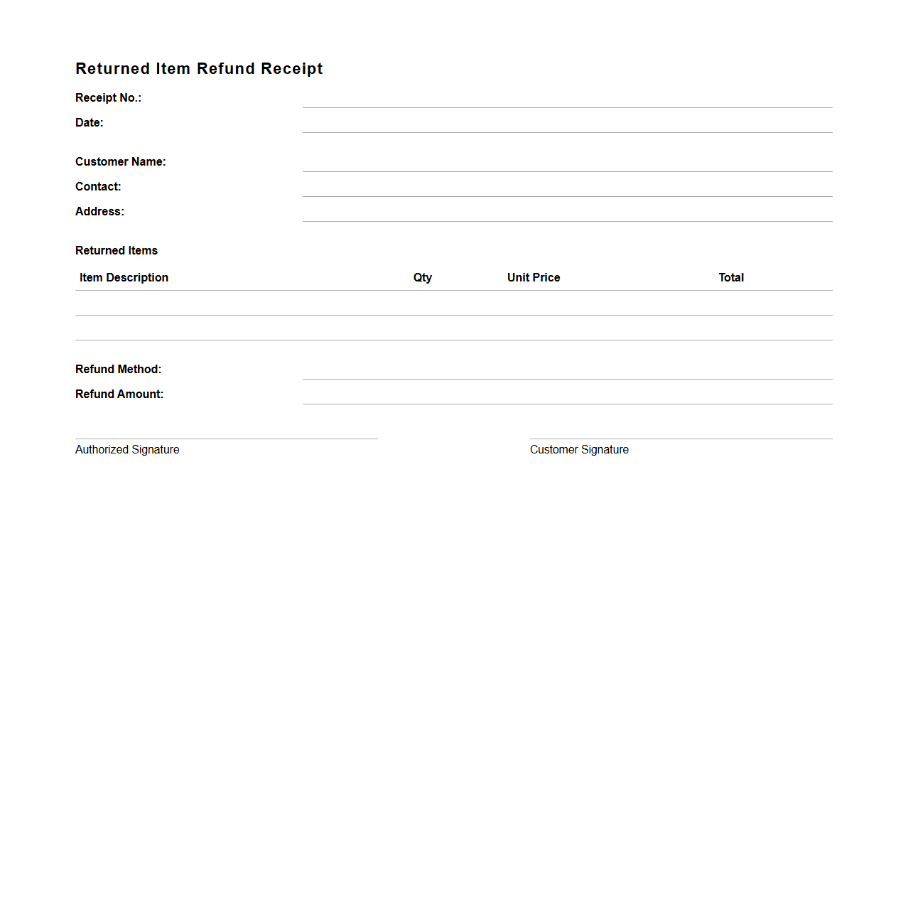 Basic Returned Item Refund Receipt Template