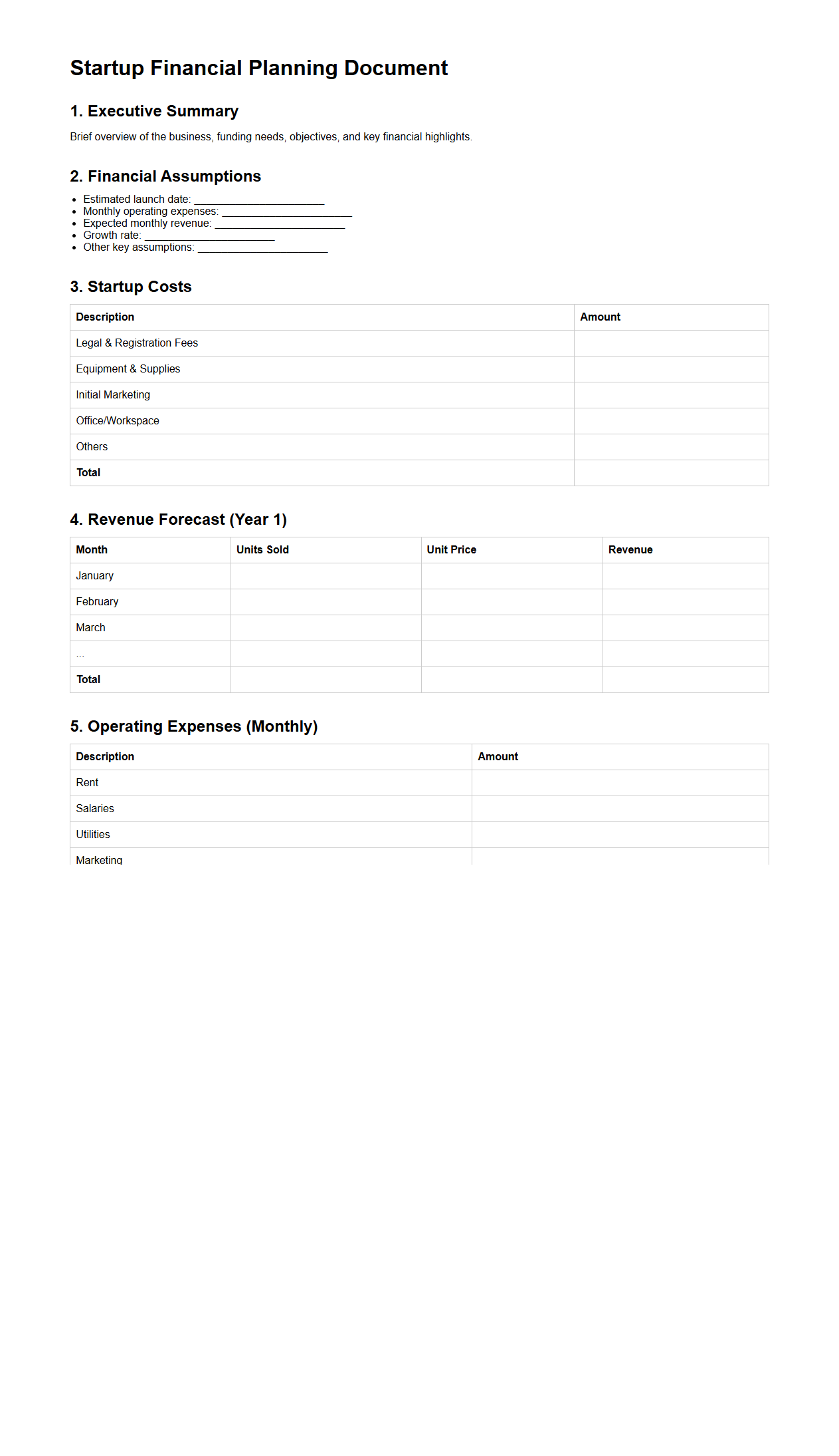 Basic Startup Financial Planning Document