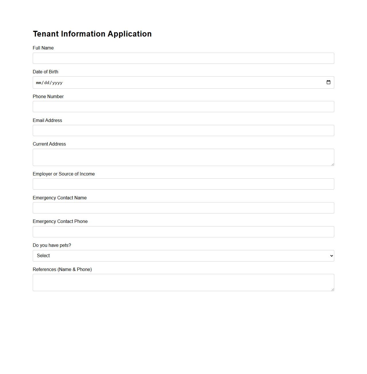 Basic Tenant Information Application Layout