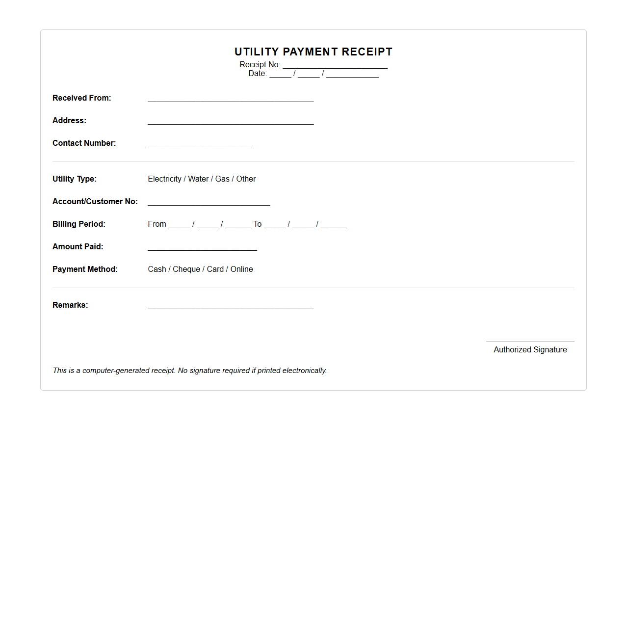 Basic Utility Payment Receipt Template